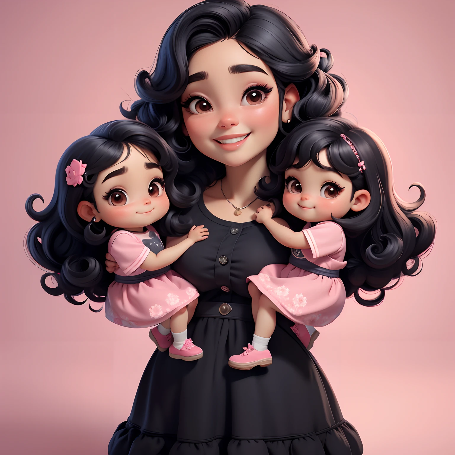 Mother with two daughters, Adorable baby chibi, com um sorriso radiante no rosto, vestidas com roupa rosa, Black hair is full of curls , bem gordinha com os olhos grandes e azuis.