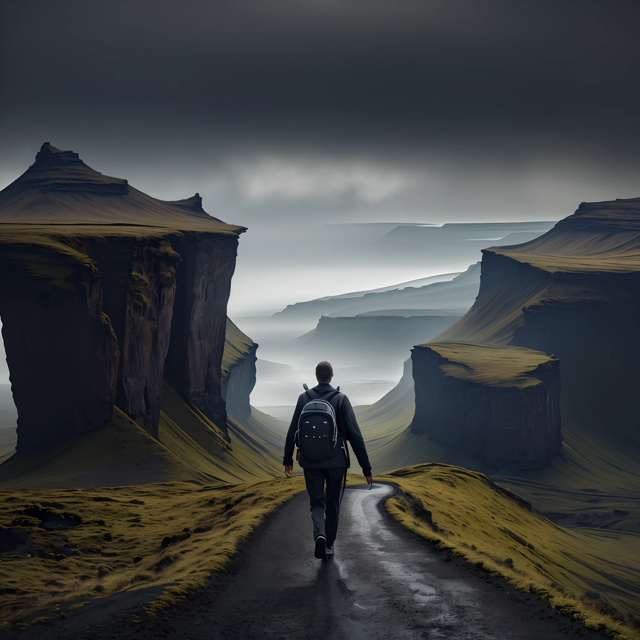 There was a man walking down the road with a backpack on his back, Surreal photo, Surreal photography, max rive, surreal scene, Surrealism 8k, amazing wallpapers, wallpaper hd, photo manipulation, The journey of life, PC Wallpapers, iceland photography, erik johansson style, epic surrealist 8K oil painting, pexels contest winner, dramatic backgrounds