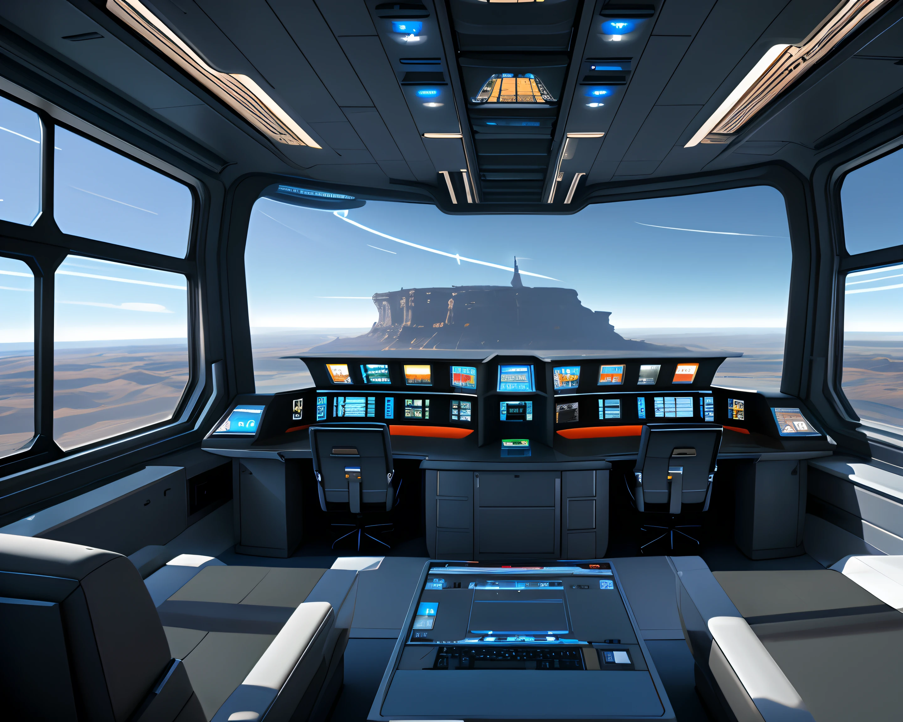 exterior of a spaceship. Through the windows you can see the landscape of an alien planet, the entire space is full of work consoles with electronic devices and screens, full-HD