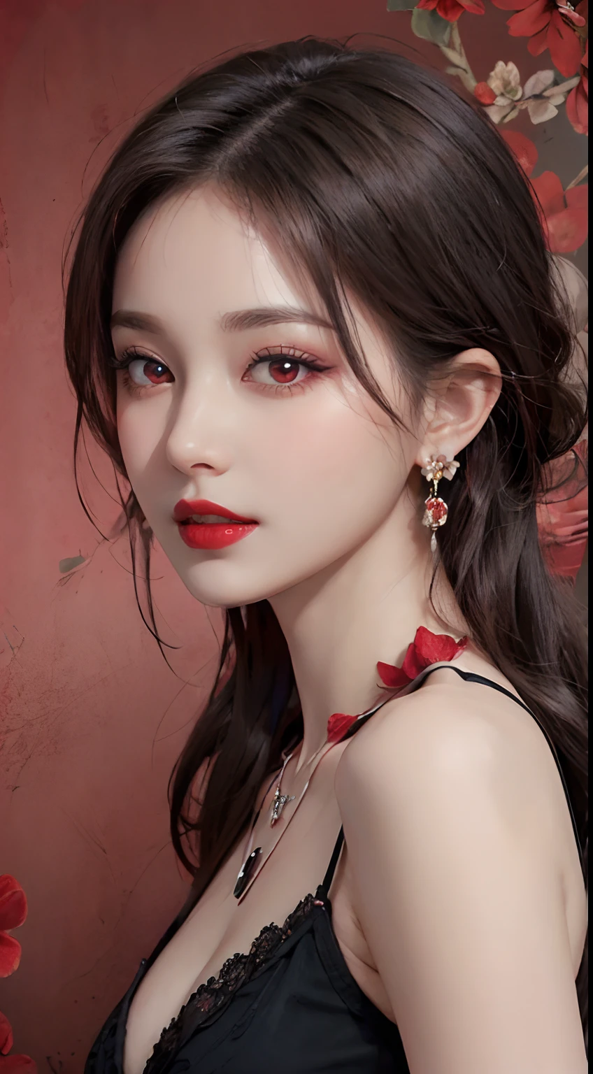 1 beautiful and attractive 20-year-old girl, ((Wearing an ultra-thin red dress with diamonds: 1.8)), ((Long platinum hair: 1.6)), Bangs, Elaborate jewelry made from noble stones and beautiful hair, ( ( Wearing a black lace necklace:1.4))), noble, Aristocratic style of a very beautiful girl, Super cute little face, Very pretty face, Thin eyebrows, Beautiful face, flawless, ((black eye pupil: 0.8))), Very pleasing to the eye, ((Light red eyes: 1.5)), Beautiful makeup and hair, detailed eyelash, Eye Makeup Wet, High Nose, earrings, Red lips, ((Closed mouth: 1;5 )) Beautiful lips, Slim hands, The most beautiful thighs, Rosy face, Clean face, Perfect beautiful face, Fair skin Smooth white skin, ((Big breasts: 1.5)), ((high breasts: 1.6)), firm breasts, Nice cleavage, (((Super Round Chest: 1.6))), ((Super tight breasts: 1.7 )), Beautiful breasts, ((shoulders: 1.8)), Beautiful breasts, Thin black mesh stockings with black lace trim, Perfect body, 8k photo, ultra-quality, Super realistic, Super 10x pixels, Department of Optics for Research, studio lights, edge light, two-tone light, (High Detail Skin: 1.2), Ultra-8k, Soft light, High quality, Volumetric Lights, optical, high-resolutionhigh-optics, Lighting, Best Photo, 4K, The 8k quality, Blur effect, Smooth sharpness, 10 x pixels, ((Red flower background:1.7)), Aurora, Lightning, Realistic Super Graphics, The most realistic drawing map, Alone, Solo, very clear picture, Surreal, Upper body of a girl, (((frontal portrait: 1.6)))."