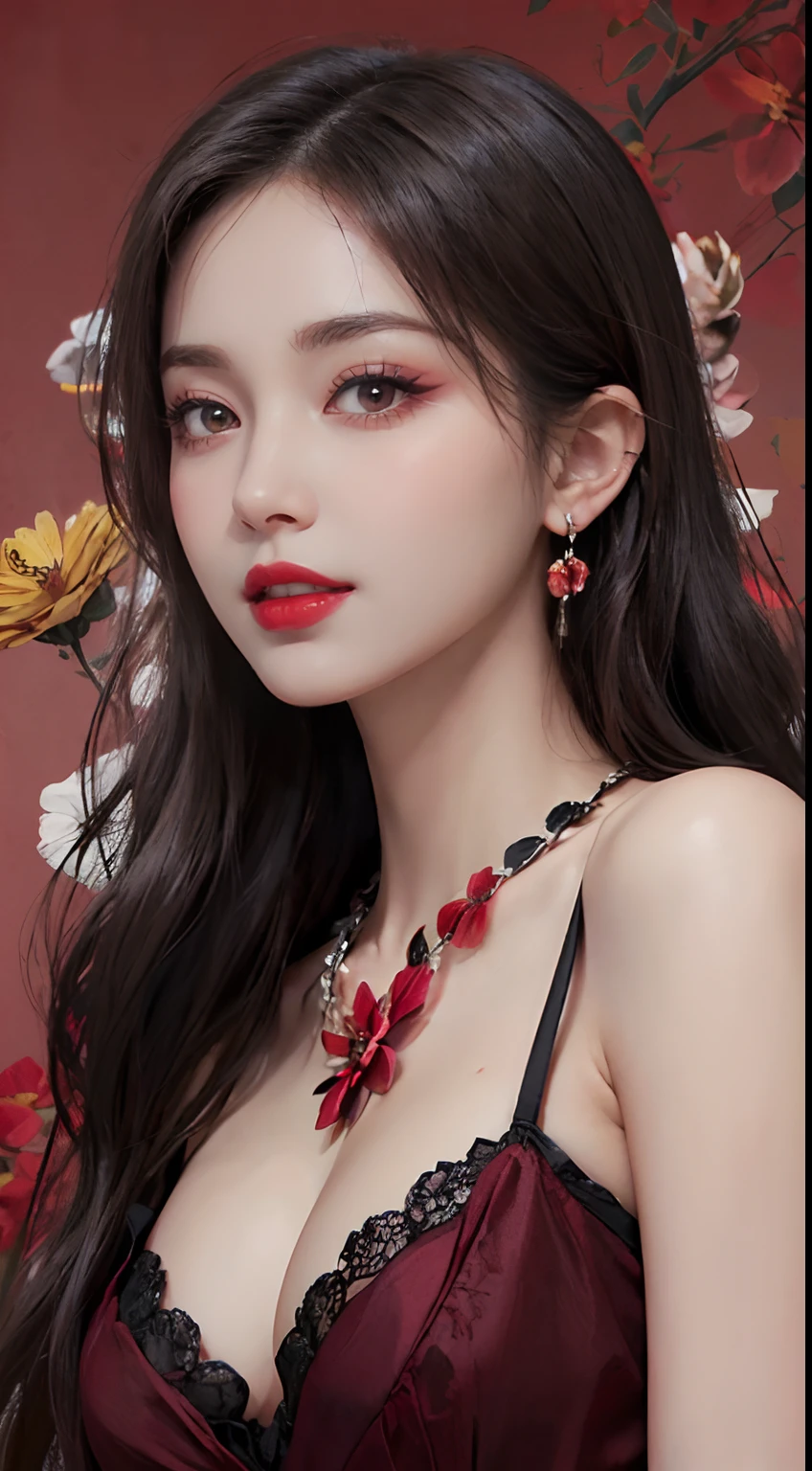 1 beautiful and attractive 20-year-old girl, ((Wearing an ultra-thin red dress with diamonds: 1.8)), ((Long platinum hair: 1.6)), Bangs, Elaborate jewelry made from noble stones and beautiful hair, ( ( Wearing a black lace necklace:1.4))), noble, Aristocratic style of a very beautiful girl, Super cute little face, Very pretty face, Thin eyebrows, Beautiful face, flawless, ((black eye pupil: 0.8))), Very pleasing to the eye, ((Light red eyes: 1.5)), Beautiful makeup and hair, detailed eyelash, Eye Makeup Wet, High Nose, earrings, Red lips, ((Closed mouth: 1;5 )) Beautiful lips, Slim hands, The most beautiful thighs, Rosy face, Clean face, Perfect beautiful face, Fair skin Smooth white skin, ((Big breasts: 1.5)), ((high breasts: 1.6)), firm breasts, Nice cleavage, (((Super Round Chest: 1.6))), ((Super tight breasts: 1.7 )), Beautiful breasts, ((shoulders: 1.8)), Beautiful breasts, Thin black mesh stockings with black lace trim, Perfect body, 8k photo, ultra-quality, Super realistic, Super 10x pixels, Department of Optics for Research, studio lights, edge light, two-tone light, (High Detail Skin: 1.2), Ultra-8k, Soft light, High quality, Volumetric Lights, optical, high-resolutionhigh-optics, Lighting, Best Photo, 4K, The 8k quality, Blur effect, Smooth sharpness, 10 x pixels, ((Red flower background:1.7)), Aurora, Lightning, Realistic Super Graphics, The most realistic drawing map, Alone, Solo, very clear picture, Surreal, Upper body of a girl, (((frontal portrait: 1.6)))."