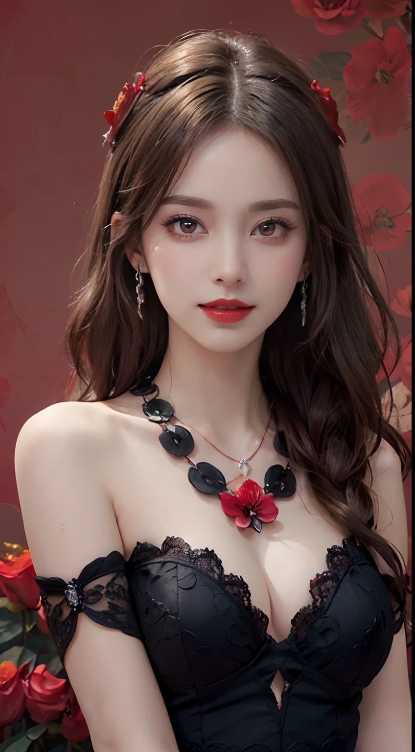 1 beautiful and attractive 20-year-old girl, ((Wearing an ultra-thin red dress with diamonds: 1.8)), ((Long platinum hair: 1.6)), Bangs, Elaborate jewelry made from noble stones and beautiful hair, ( ( Wearing a black lace necklace:1.4))), noble, Aristocratic style of a very beautiful girl, Super cute little face, Very pretty face, Thin eyebrows, Beautiful face, flawless, ((black eye pupil: 0.8))), Very pleasing to the eye, ((Light red eyes: 1.5)), Beautiful makeup and hair, detailed eyelash, Eye Makeup Wet, High Nose, earrings, Red lips, ((Closed mouth: 1;5 )) Beautiful lips, Slim hands, The most beautiful thighs, Rosy face, Clean face, Perfect beautiful face, Fair skin Smooth white skin, ((Big breasts: 1.5)), ((high breasts: 1.6)), firm breasts, Nice cleavage, (((Super Round Chest: 1.6))), ((Super tight breasts: 1.7 )), Beautiful breasts, ((shoulders: 1.8)), Beautiful breasts, Thin black mesh stockings with black lace trim, Perfect body, 8k photo, ultra-quality, Super realistic, Super 10x pixels, Department of Optics for Research, studio lights, edge light, two-tone light, (High Detail Skin: 1.2), Ultra-8k, Soft light, High quality, Volumetric Lights, optical, high-resolutionhigh-optics, Lighting, Best Photo, 4K, The 8k quality, Blur effect, Smooth sharpness, 10 x pixels, ((Red flower background:1.7)), Aurora, Lightning, Realistic Super Graphics, The most realistic drawing map, Alone, Solo, very clear picture, Surreal, Upper body of a girl, (((frontal portrait: 1.6)))."