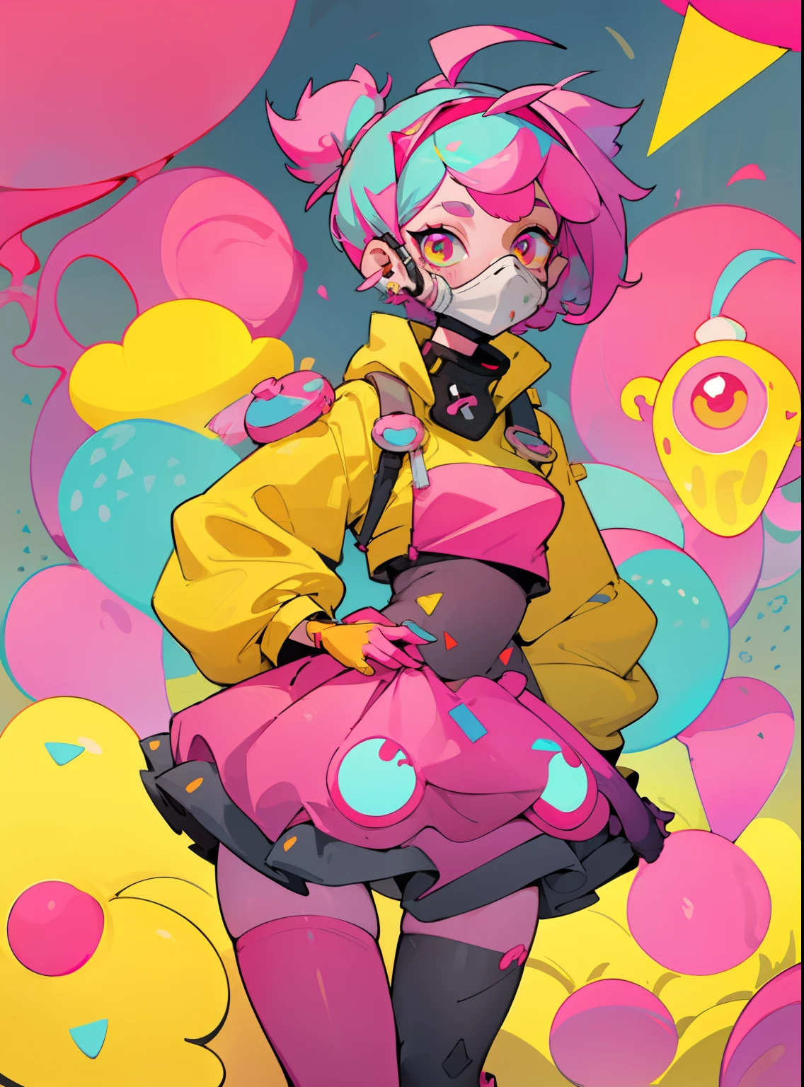 kpop girl with short nice fadecut pink hair, colorful glowing gass mask, lots of shapes attatched everywhere, random shapes mostly triangle, yellow skirt with polcadots, red gloves, and an 2 antena headband