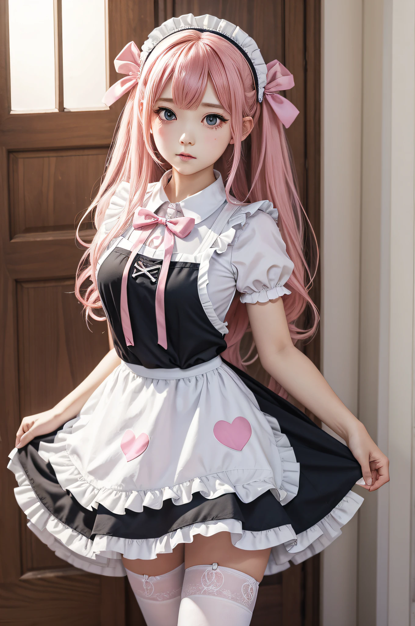 1girl, apron, bow, cube hair ornament, dress, frills, gloom (expression), hair ornament, heart, heart hands, long hair, looking away, maid, maid apron, maid headdress, mary janes, one side up, pink hair, shaded face, shoes, short dress, solo, sweatdrop, thighhighs, white thighhighs, zettai ryouiki,