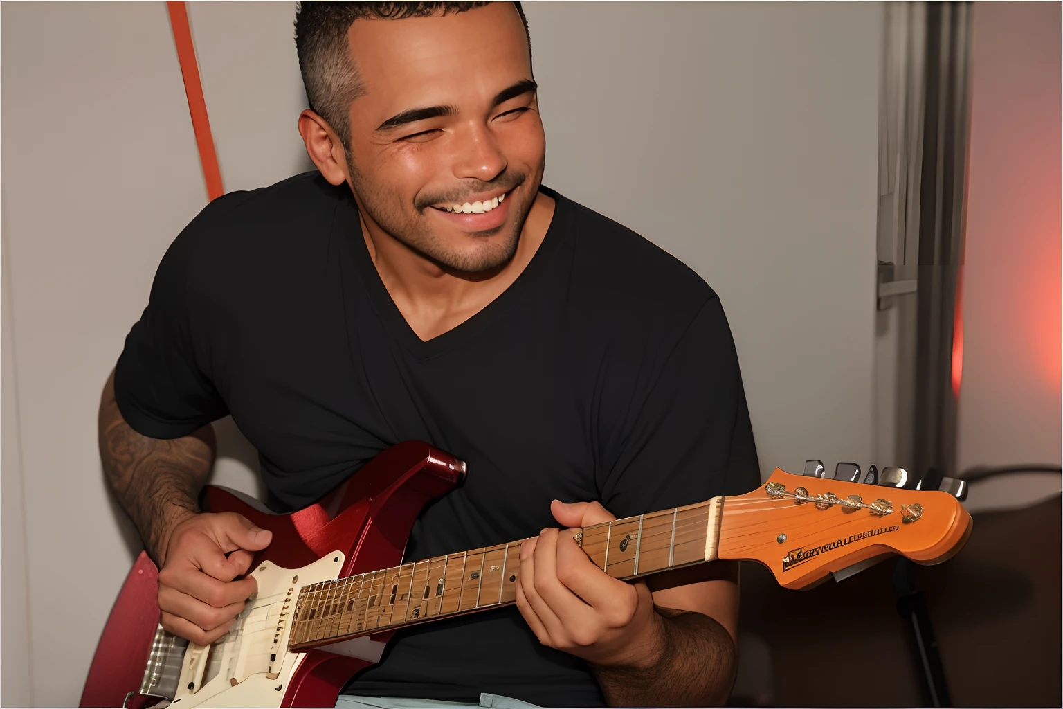 there is a man smiling while playing a guitar in a room, caio santos, edu souza, joe alves, david rios ferreira, icaro carvalho, by Willian Murai, inspired by Francis Souza, dan dos santos, playing the guitar, daniel mirante, nick silva, andrea rocha, danilo torres, playing guitar, guitarist