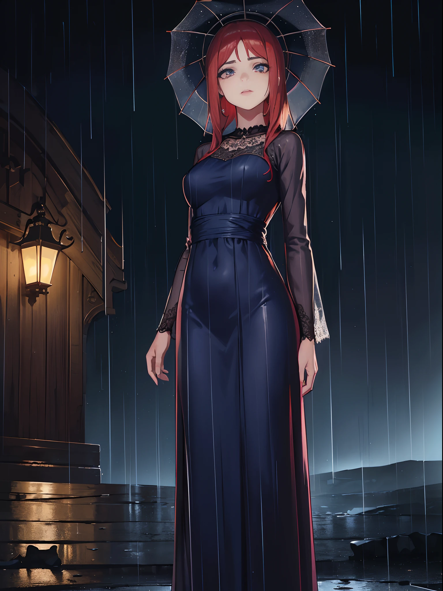 ((best quality, 8k, vestido de renda maxi, Standing in the rain, Distrito da Luz Vermelha, Textura altamente detalhada do rosto e da pele, Olhos detalhados, double eyelids.)