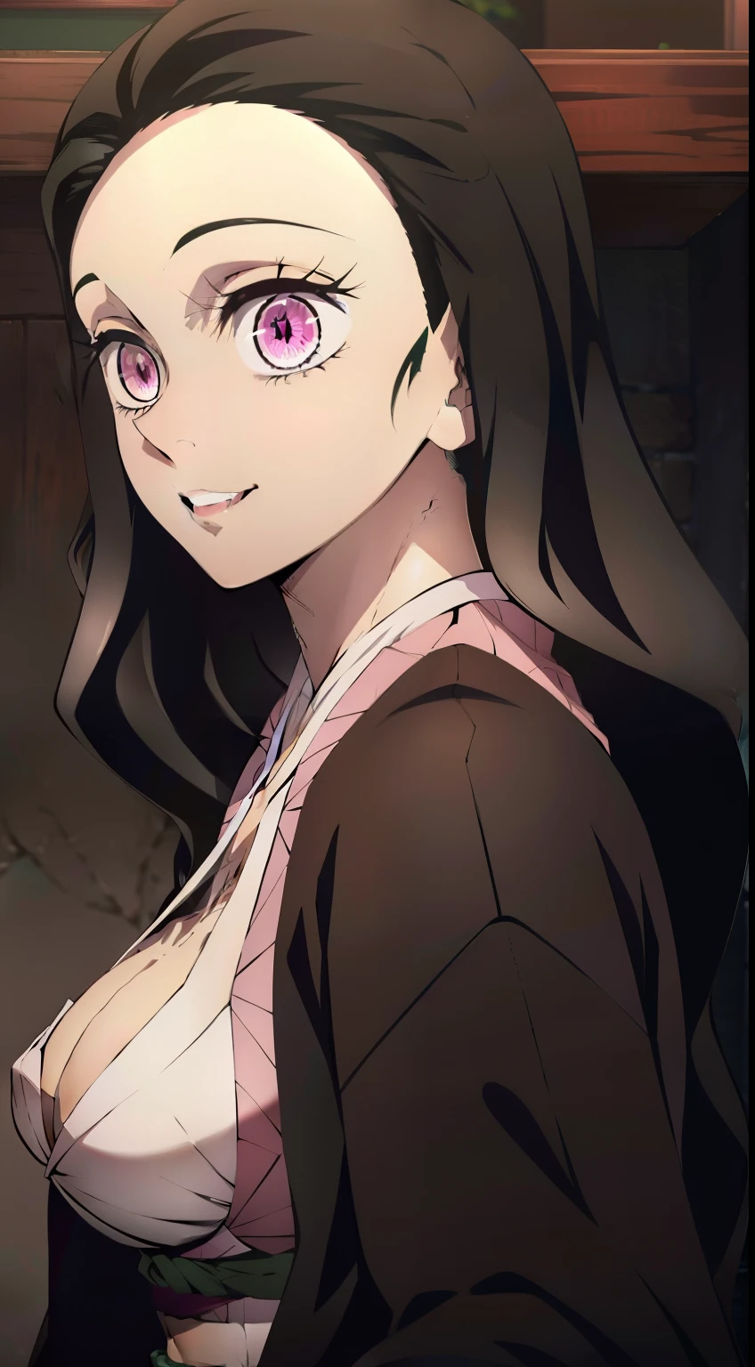 Extraordinarily beautiful composition, ultra sharp image, Beautiful figure, Gloomy sexy pose background, in full height, ssmile, Adorable smile, Leaning on the table, stands sideways, ultra detail face, Ultra Transparent, Nezuko Kamado from Demon Slayer, ultra sharp image, Ultra Beautiful, lovely small breasts. black  hair, Transition to red, Japanese bath, Beautiful figure, taut clothes, black cape on pink kimano, big breastes, Smiling, green colored eyes, handsome body, sexy clothes, Beautiful eyes, very detailed eyes, Very detailed face, handsome body, Cherecter Desing, Sex position, Very detailed, Detailed body, Detailed hands, Detailed, Vibrants, Detailed Face, sharp-focus, WLOP, artgerm, anime art, Vibrants, Detailed Face, Hugh Details, sharp-focus, Very drooping face, A detailed eye, super fine illustration, better shadow, finely detail, Beautiful detail