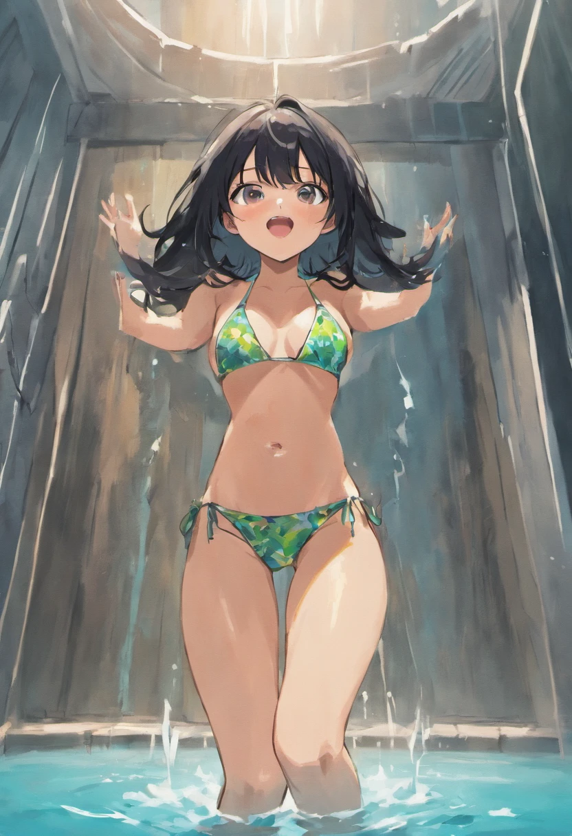 Scared white woman with black hair in a bikini falling into a dunk tank