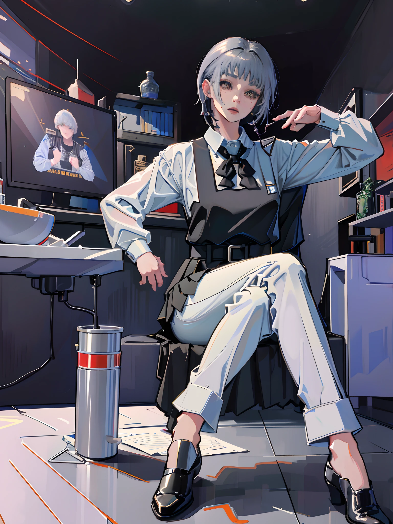 (highest resolution, distinct_image), best quality, masterpiece, highly detailed, semi realistic, a woman with short gray hair, mature woman, triple bangs, black uniform, black pleated skirt, military uniform, medals, magnificent military uniform, beautiful woman, spaceship space, control room, commander