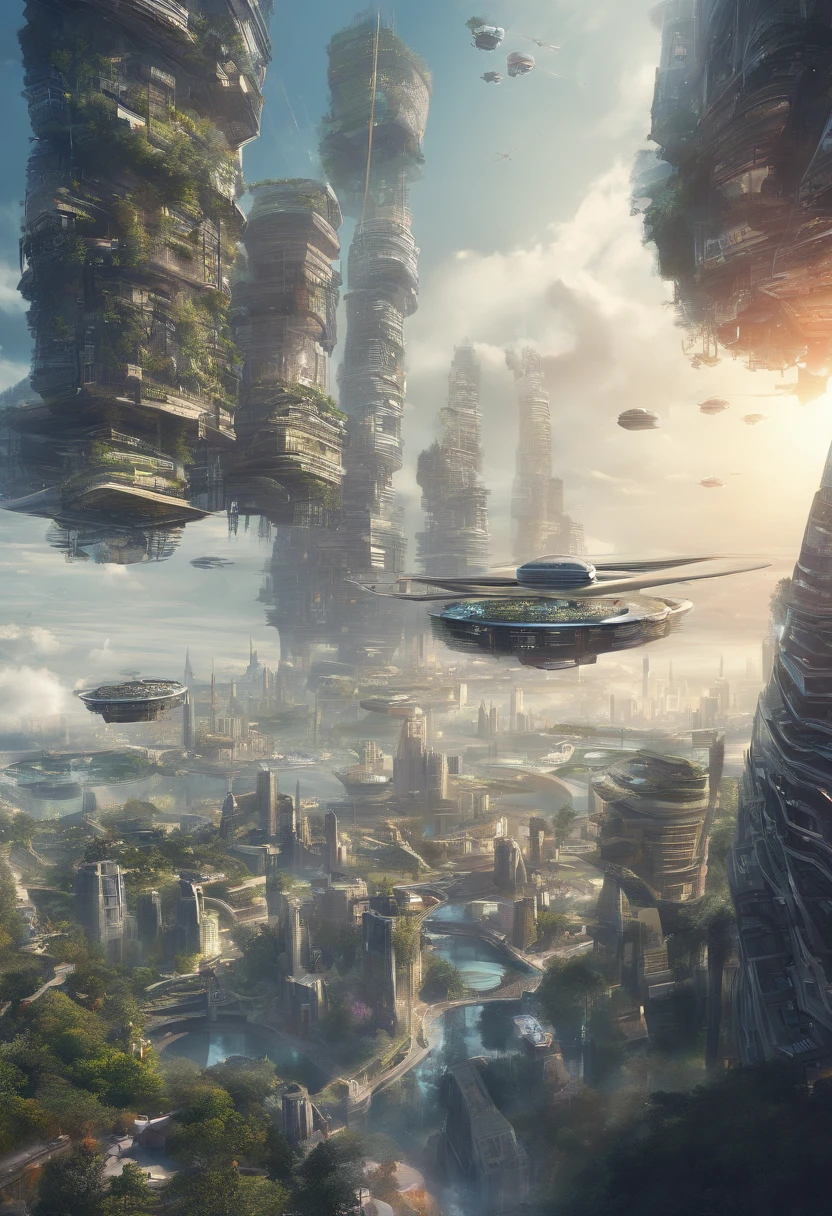 Crie obras de arte hiperealistas futuristas, Imagine a floating city in the sky, with complex architectural structures and advanced technology. Pinte esta cidade futurista com uma riqueza de detalhes, Capturando as luzes brilhantes, suspended platforms and flying vehicles crossing the skies.