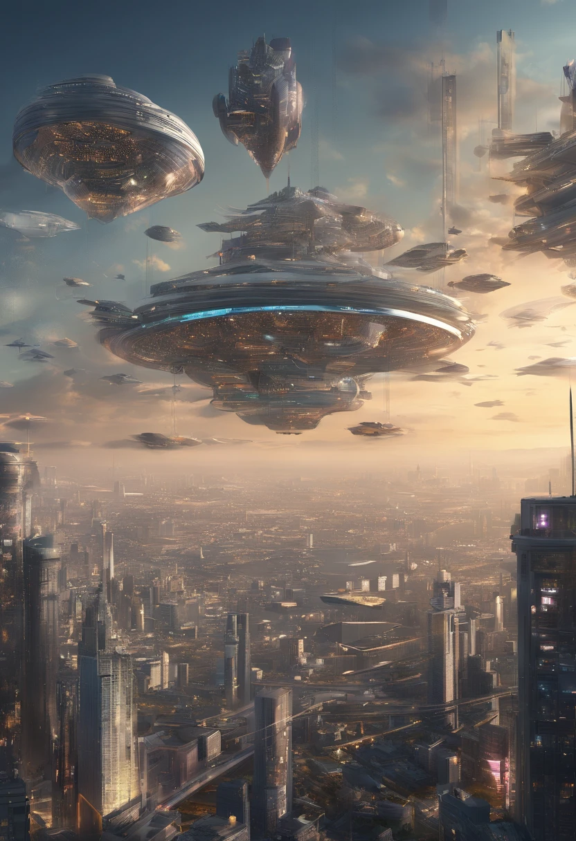 Crie obras de arte hiperealistas futuristas, Imagine a floating city in the sky, with complex architectural structures and advanced technology. Pinte esta cidade futurista com uma riqueza de detalhes, Capturando as luzes brilhantes, suspended platforms and flying vehicles crossing the skies.