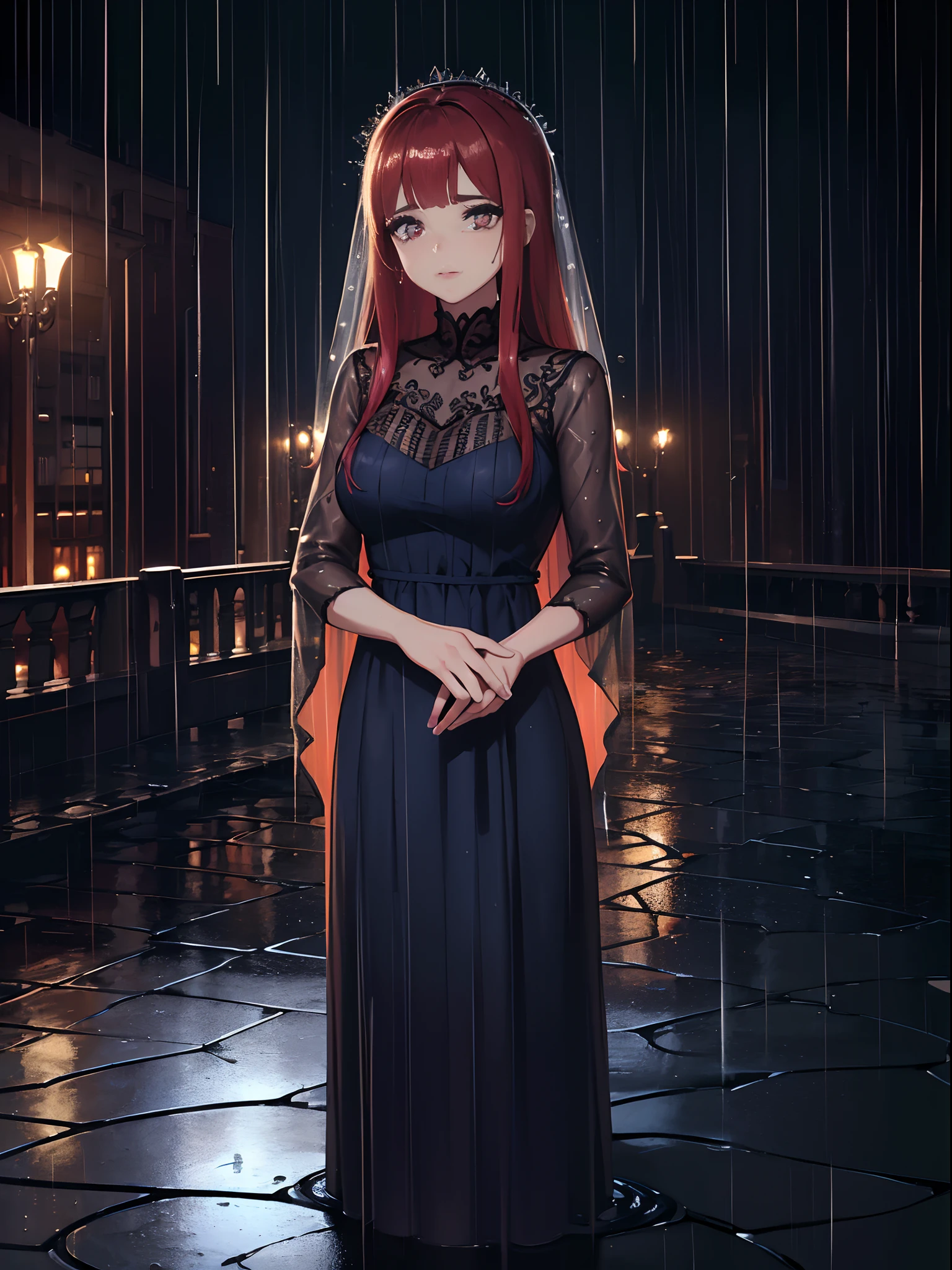 ((best quality, 8k, vestido de renda maxi, Standing in the rain, Distrito da Luz Vermelha, Textura altamente detalhada do rosto e da pele, Olhos detalhados, double eyelids.)