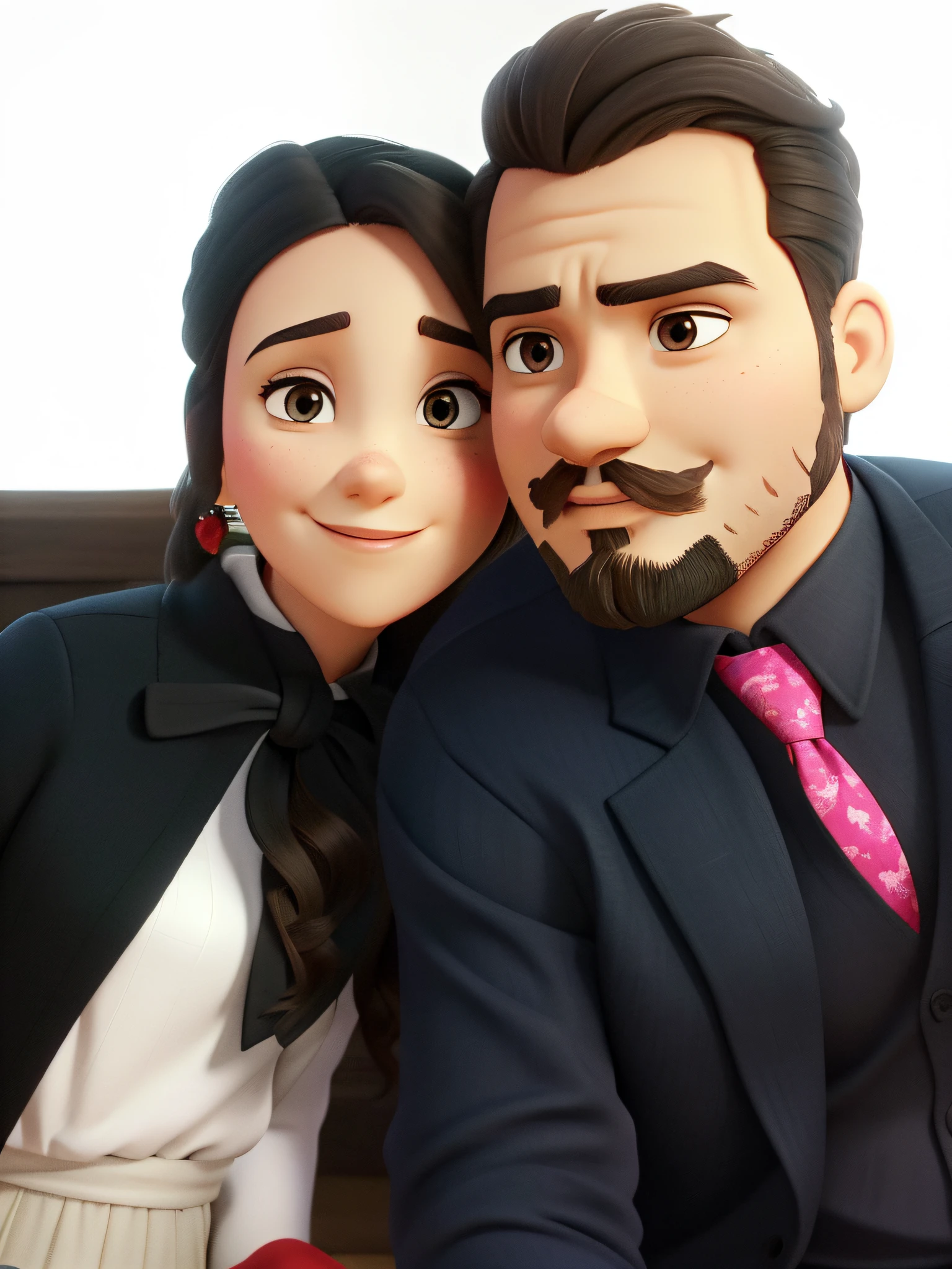 Marido com barba e esposa, marido de terno, parado na frente, illuminated by the light of a lamp, Against the backdrop a red wall with heart details, estilo pixar
