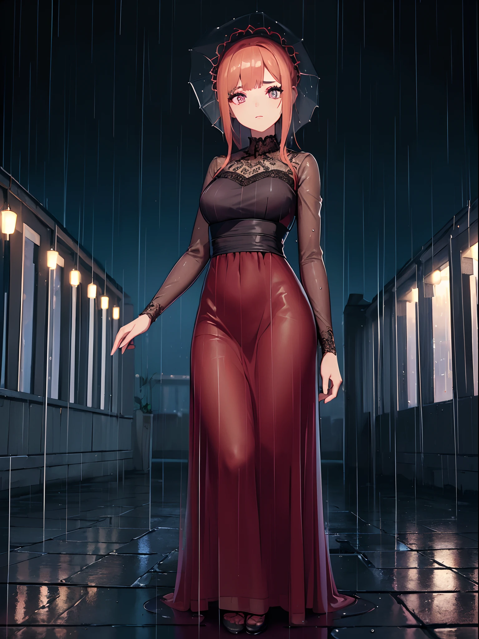 ((best quality, 8k, vestido de renda maxi, Standing in the rain, Distrito da Luz Vermelha, Textura altamente detalhada do rosto e da pele, Olhos detalhados, double eyelids.)