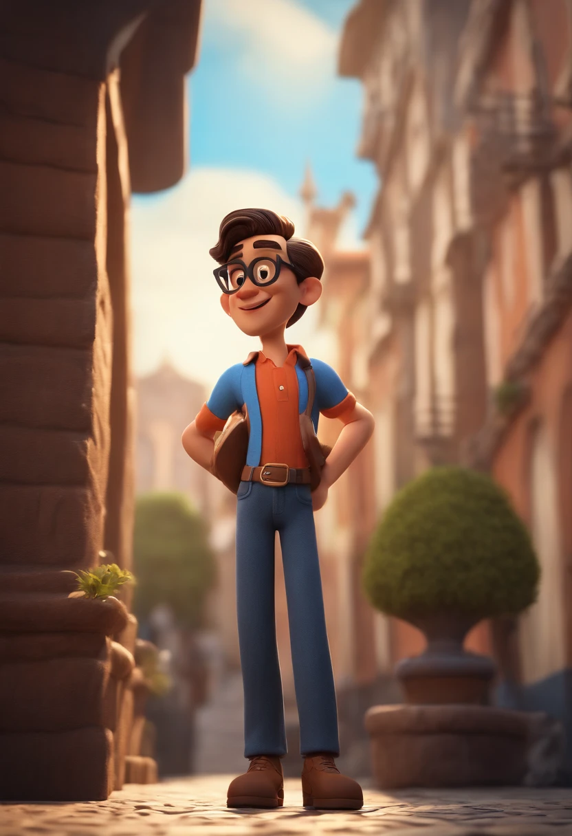 Cartoon character of a man with black glasses, cabelo cacheado marrom escuro e uma camisa azul, animation character, Caractere estilizado, animation style rendering, 3D estilizado, Arnold Maya render, 3 d render stylized, toon render keyshot, Personagem 3D, Personagem 3D, 3d rendering stylized, 3 d character render, personagem de desenho animado, Personagem de close up, Pose de personagem, (Estilo Pixar) (master part:1.2) (Bokeh) (best quality) (pele detalhada) (textura detalhada) (8k) (argila) (Cinematic lighting) (foco nítido