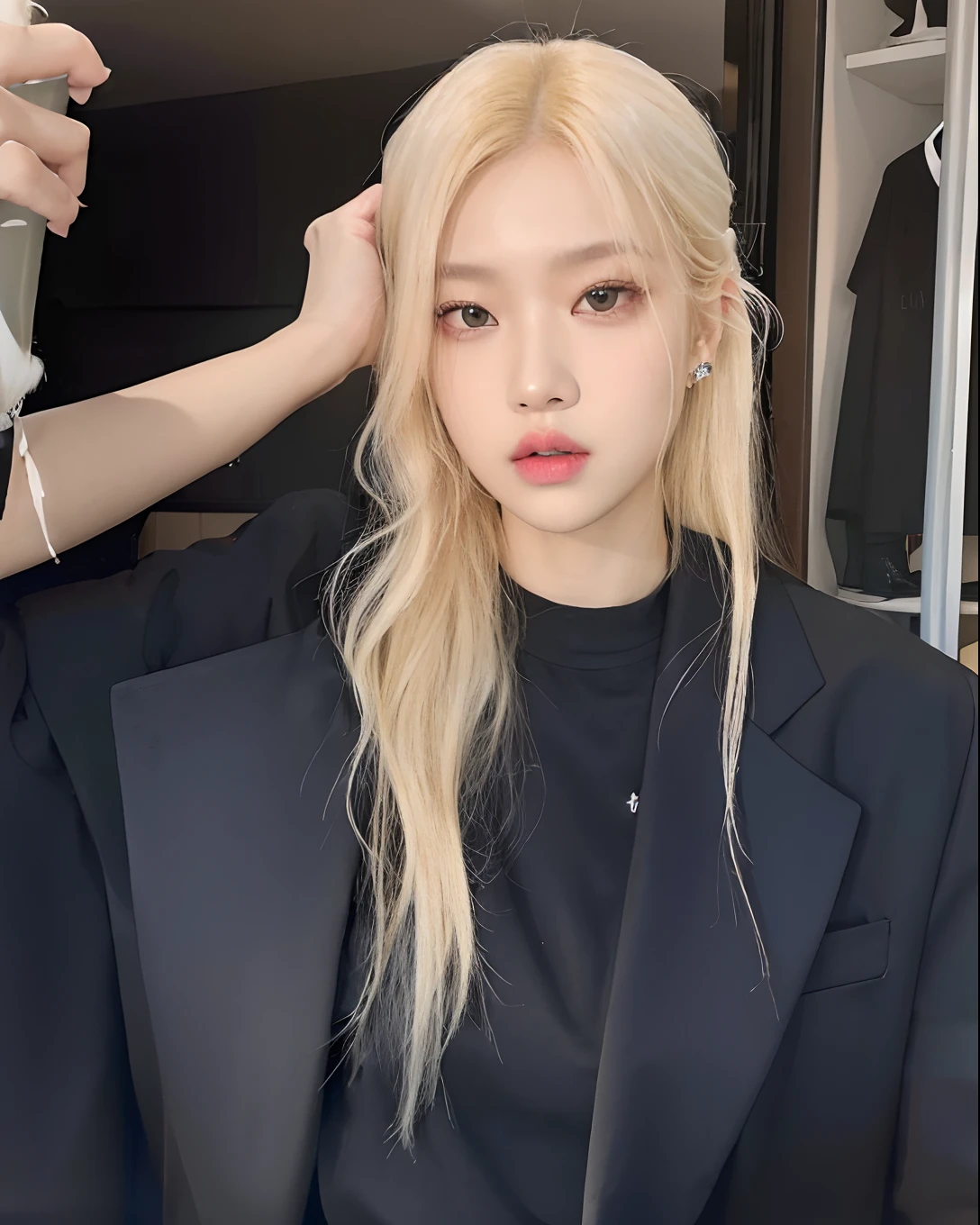 araffed woman with blonde hair in a black suit and a black shirt, jossi of blackpink, roseanne park of blackpink, portrait of jossi of blackpink, her hair is white, kim doyoung, glossy from rain, jaeyeon nam, bae suzy, jinyoung shin, with long white hair, lalisa manoban of blackpink, pale hair