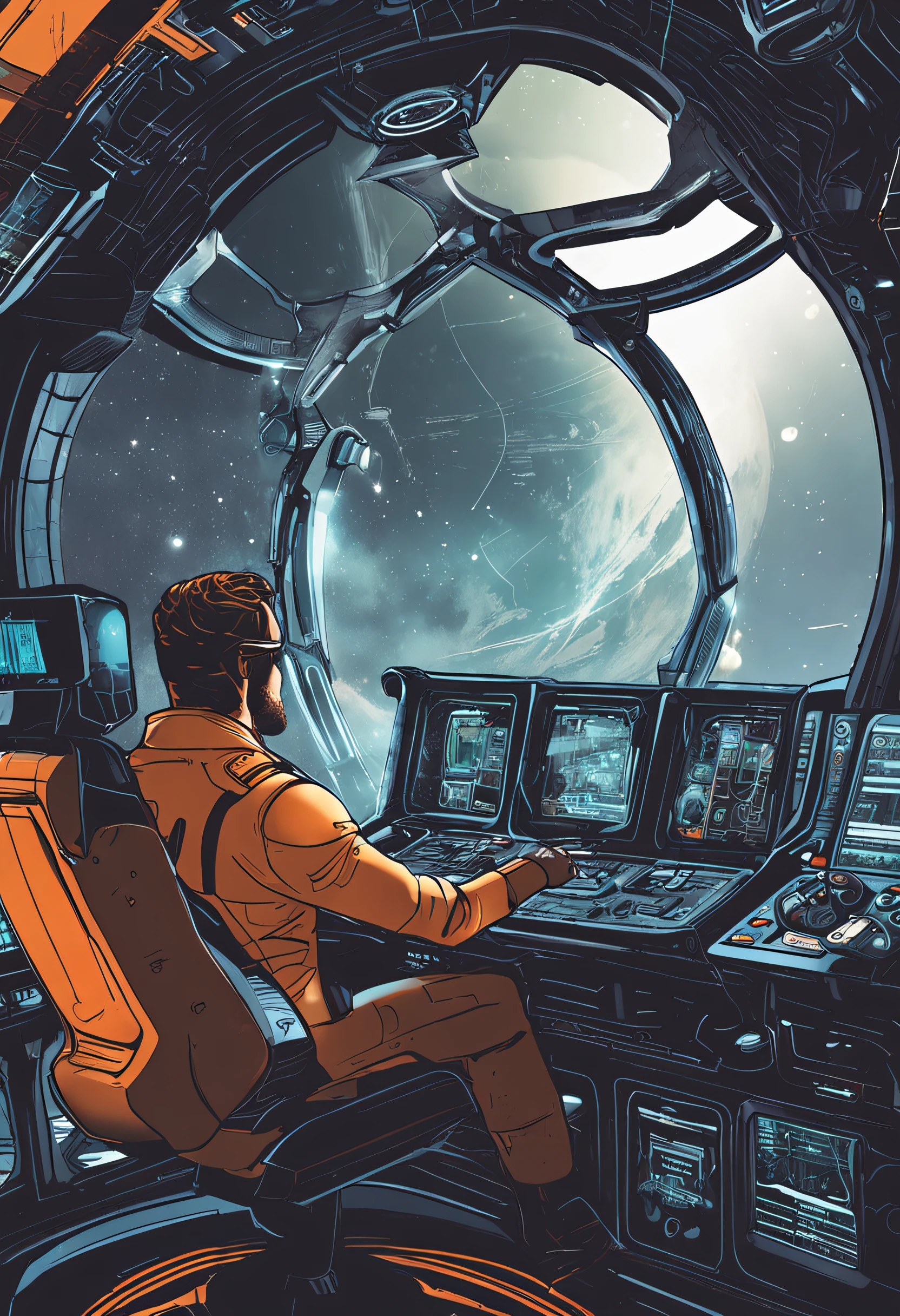 The wheelhouse of a futuristic spaceship,The perimeter is covered with huge transparent glass,Outside the glass is a planet seen from the universe,There are tentacle monsters on the surface of the planet,At the center of the cab is the center console,Full of technology,Ultra-long viewing angle,panoramic lens,shock,