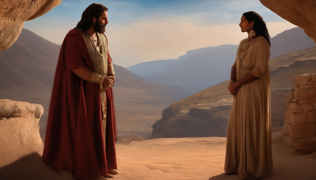 A light-skinned man, with Jewish features, with a beard and brown hair of 1.81 of athletic build dressed in a bone-colored tunic and sandals sitting next to a stone well talking to a woman with a matte complexion and black hair dressed in a tunic and veil on her head and a vessel in her hands who is standing on a sunny day and nearby you can see a simple Samaritan village from the 1st century