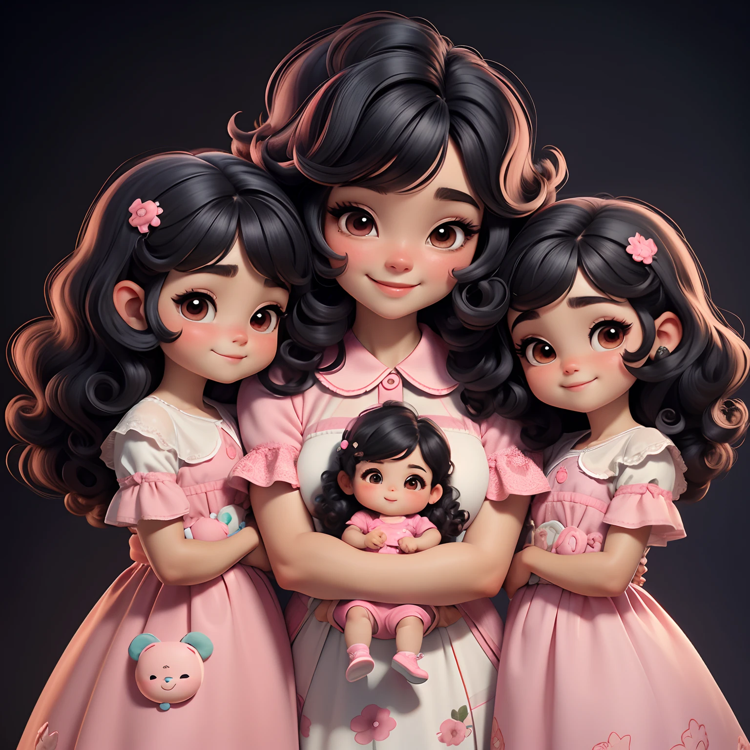 Mother with two daughters, Adorable baby chibi, com um sorriso radiante no rosto, vestidas com roupa rosa, Black hair is full of curls , bem gordinha com os olhos grandes e azuis.