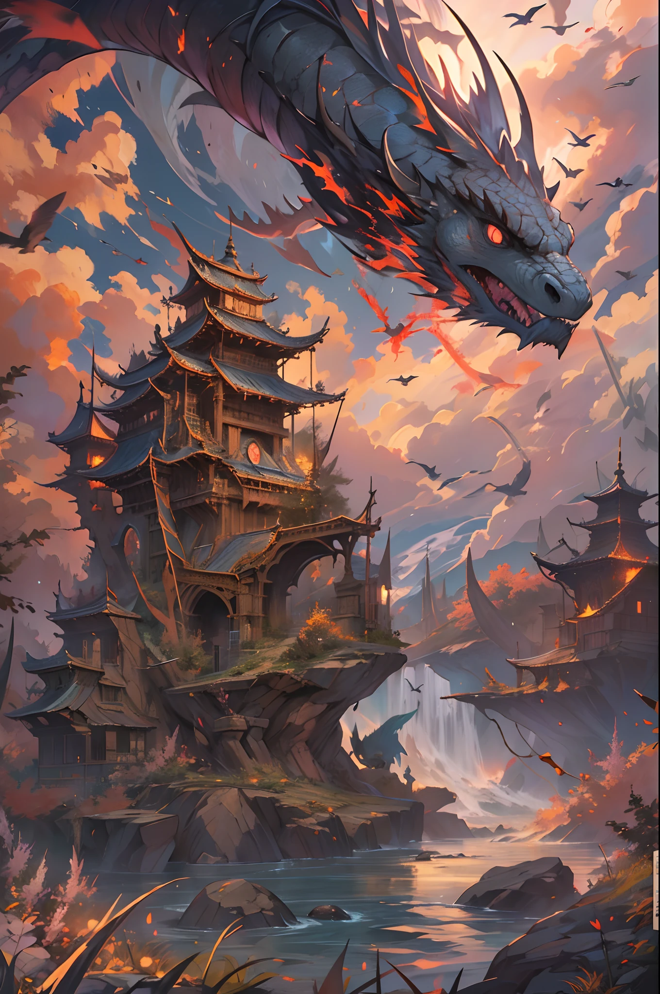 Describe a mythical story of Nuwa mending the sky,Legend from time immemorial,The sky is falling,The fire burned,Flooding,Evil birds and beasts of prey maim the people。Nuwa smelted the five-colored stones to repair the sky;The severed turtle feet are erected around the earth,Hold up the sky,He also killed the black dragon who was making waves,to save the people of the Central Plains。Then burn the reeds to ashes,Stopped the monstrous floods。Deep background,absurderes,Fantastic and incredible,Epic composition,(Complicated details,Hyper-detailing:1.2),Ultra photo realsisim, epic realistic, ((com cores neutras)),(pastel colour:1.2), Hyper-realistic, + cinema shot + Dynamic composition, Incredibly detailed, Sharpen, Cinematic, warm lights, Light effect, Dramaticlight, (Intricate details:1.1), the complex background, (greg rutkovsky:0.8),