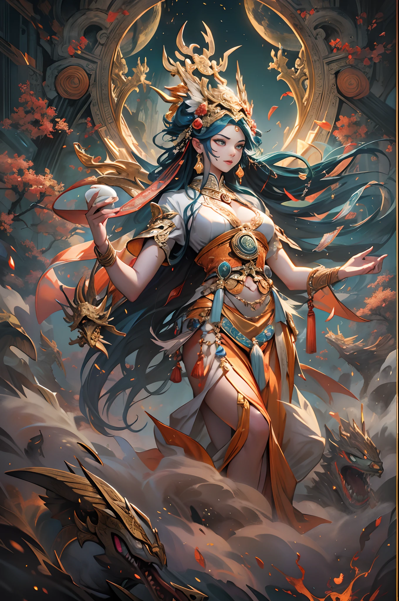 Depict an ancient goddess of creation,Nuwa is the creation goddess in Chinese mythology。It is a great goddess image handed down from the matriarchal clan period of primitive society。Deep background,absurderes,Fantastic and incredible,Epic composition,(Complicated details,Hyper-detailing:1.2),Ultra photo realsisim, epic realistic, ((com cores neutras)),(pastel colour:1.2), Hyper-realistic, + cinema shot + Dynamic composition, Incredibly detailed, Sharpen, Cinematic, warm lights, Light effect, Dramaticlight, (Intricate details:1.1), the complex background, (greg rutkovsky:0.8),