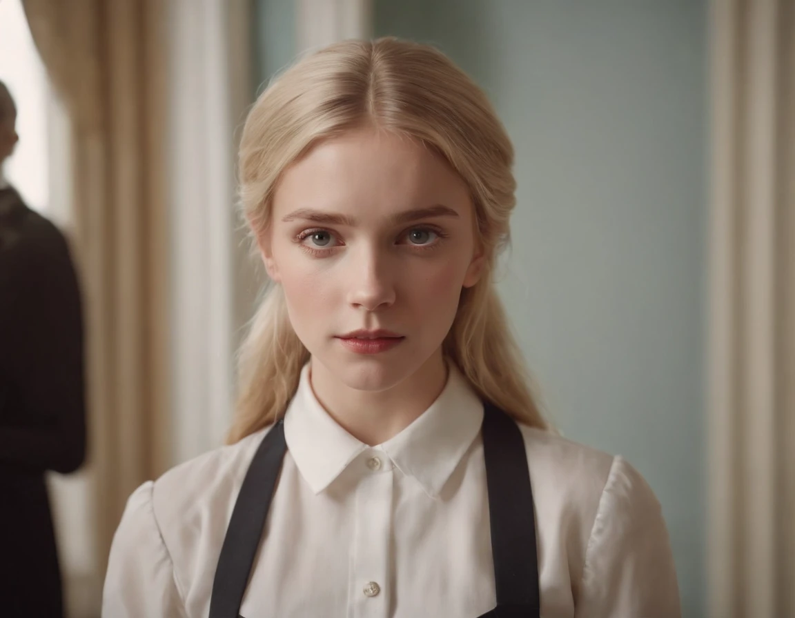 A blonde girl in a tutor era outfit looking in distress