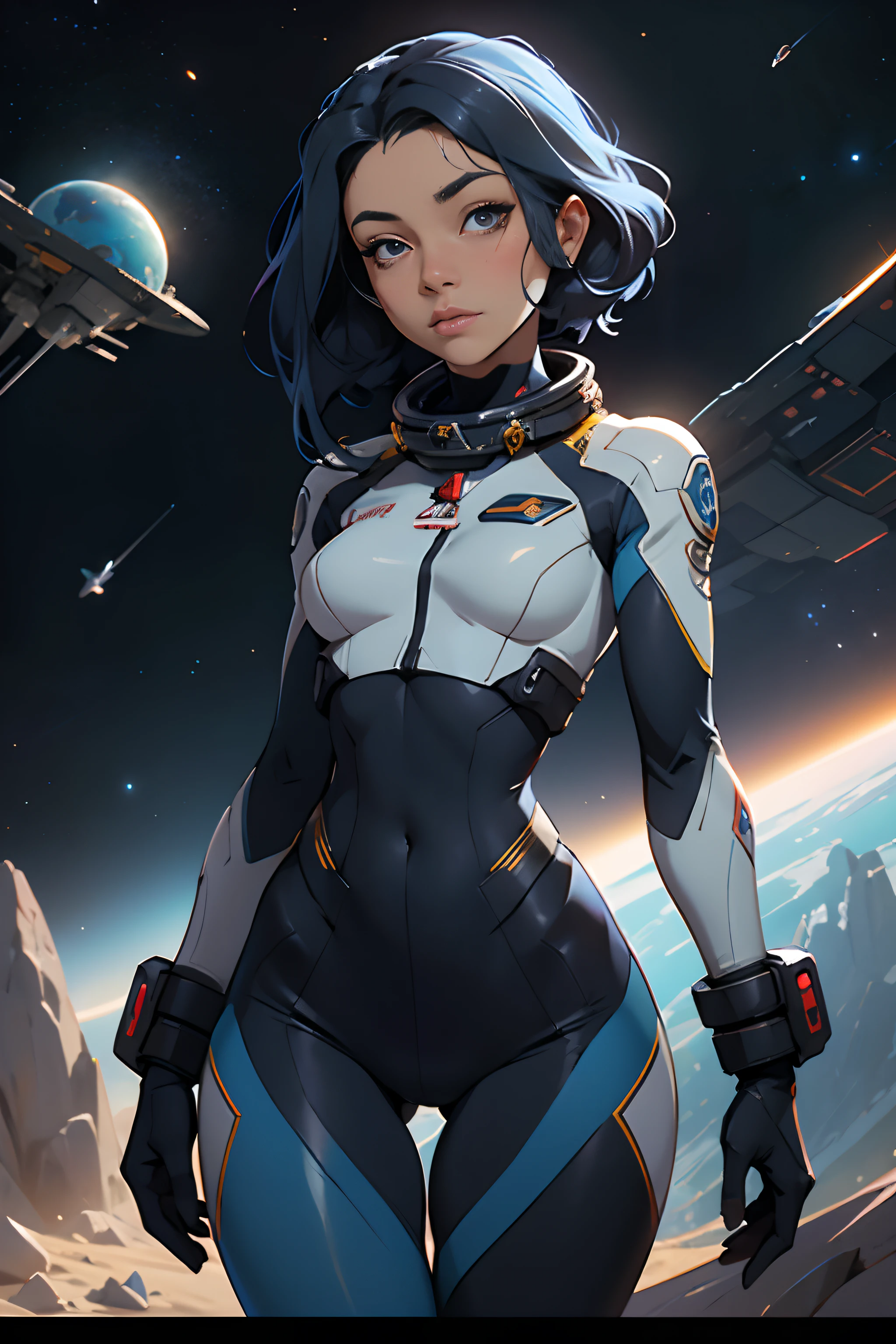 ((uma mulher com cabelos ruivos, pele azul natural)), vestindo um terno futurista, corpo inteiro, Traje Blindado Astronauta Menina, Anime Space Cadet Girl, Wojtek FUS, Epic science fiction character art, Epic Sci-Fi Character Art, arte conceitual digital detalhada, Artstation Trend, Trend at Artstation headquarters, Sci - science fiction character, thigh gap, small waist, slender thighs