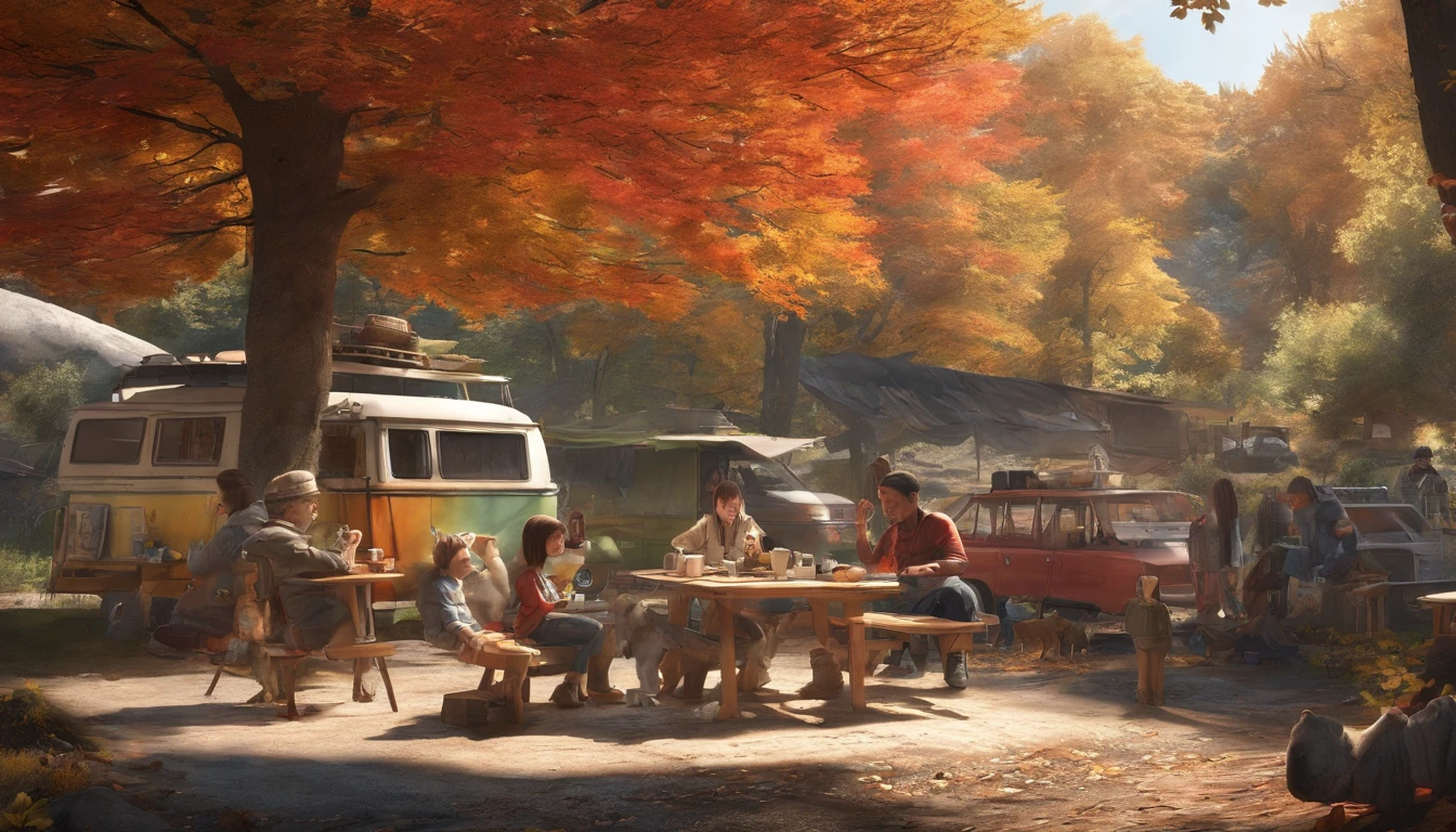 A place with red, yellow, and green autumn leaves, Japanese people, four adults drinking coffee around a simple table, children and dogs hiking in the background, outdoors, camper van, multi-person camping, solo camping, bonfire, chatting, having fun I'm here. Smile, highest quality, 8K, masterpiece, highest quality, super resolution, 8k portrait, Unity 8k wallpaper, 8k portrait, watercolor, masterpiece