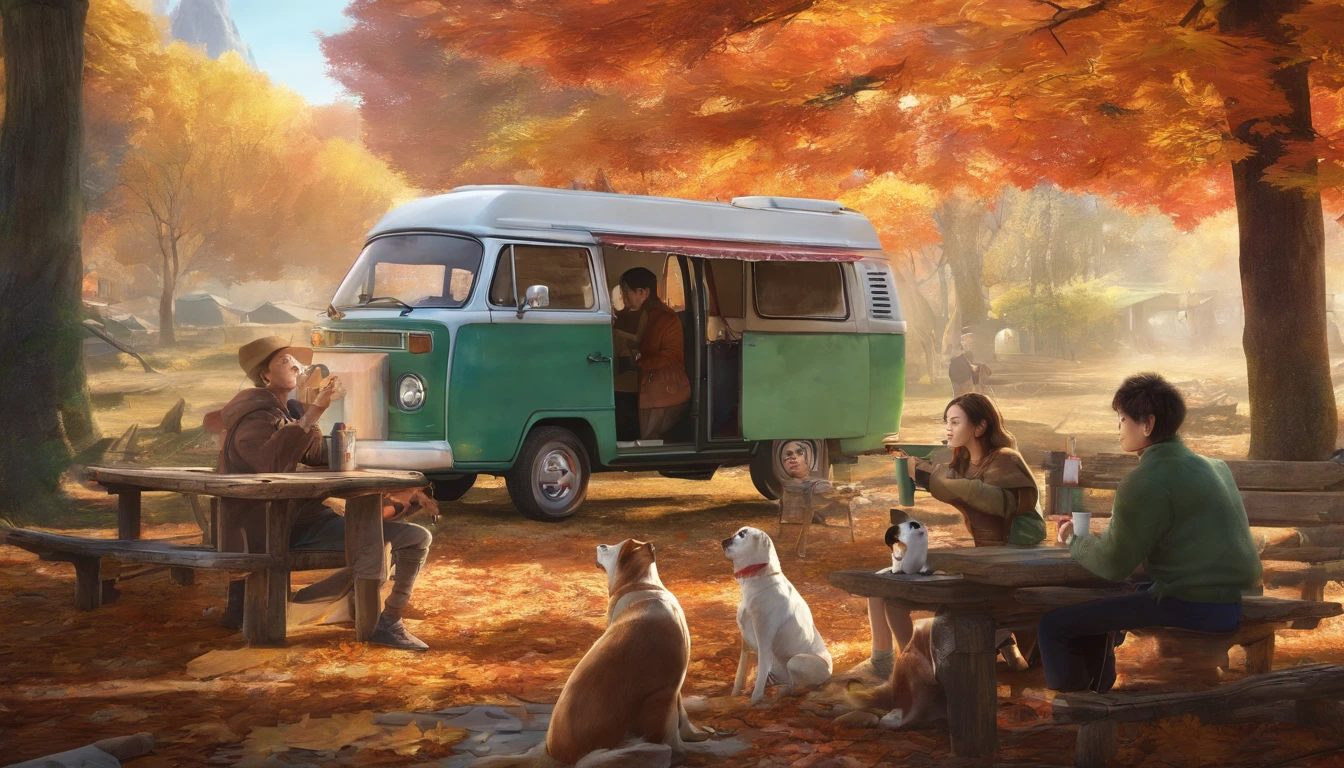 A place with red, yellow, and green autumn leaves, Japanese people, four adults drinking coffee around a simple table, children and dogs hiking in the background, outdoors, camper van, multi-person camping, solo camping, bonfire, chatting, having fun I'm here. Smile, highest quality, 8K, masterpiece, highest quality, super resolution, 8k portrait, Unity 8k wallpaper, 8k portrait, watercolor, masterpiece