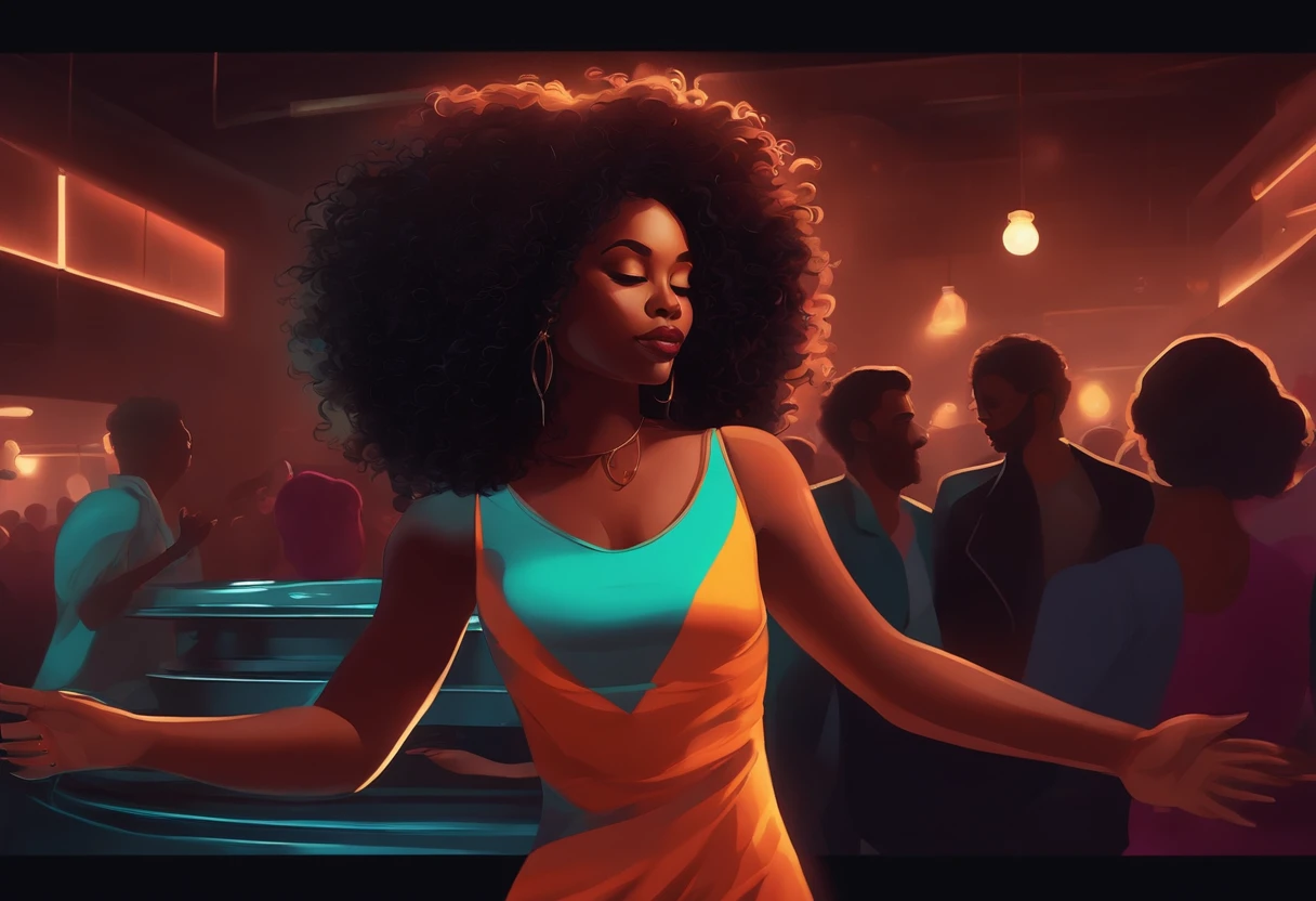 Curly-haired black woman dancing in the dark room, Arte digital estilo Lo-fi