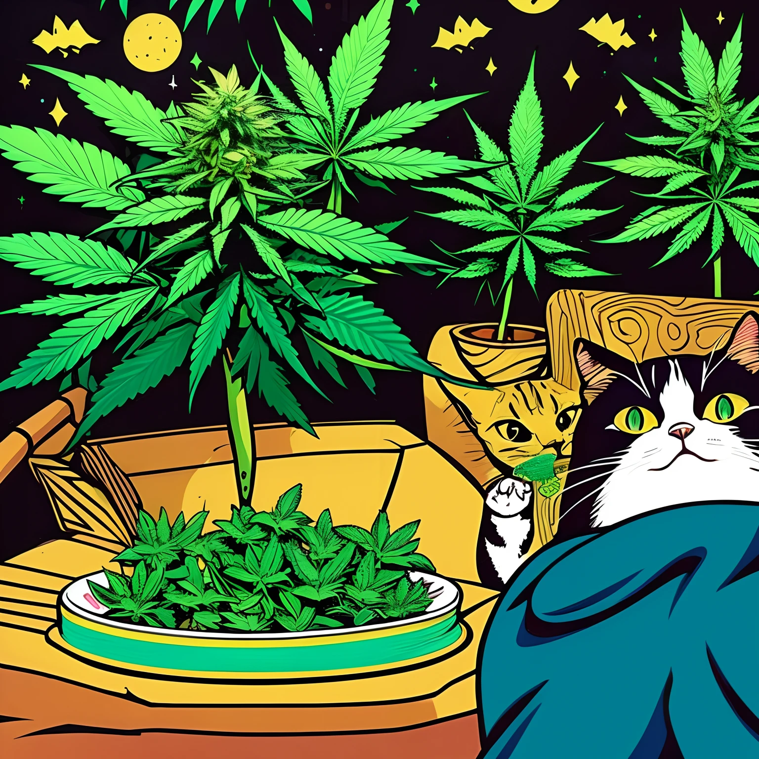 Illustration of marijuana and cats, Cannabis Paranoia, Cats and plants, Stoner's Eye,  marijuana, illustration of a cat on it, ganja!, Sucking Cat, high quality artwork, ganja, Very high quality artwork, Green cannabis leaves、 Marijuana Theme、