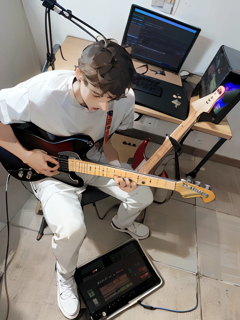 There's a man who's playing a guitar in front of a laptop, playing electric guitar, playing the guitar, jamming to music, solo de guitarra, rocking out, playing a guitar, tocando guitarra, tocando uma guitarra Gibson Les Paul, playing the guitar, holding an electric guitar, tuning, holding Electric Guitar, holding a electric guitar, holding electric guitars, Adrien Girod
