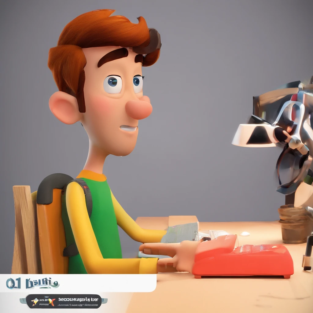 Criar um personagem no estilo Pixar. Trata-se de um homem de 30 anos, com barba, Branco, com cabelos castanhos curtos e um quiff, e olhos castanhos. Ele deve estar na frente de um computador, Trabalhar como designer