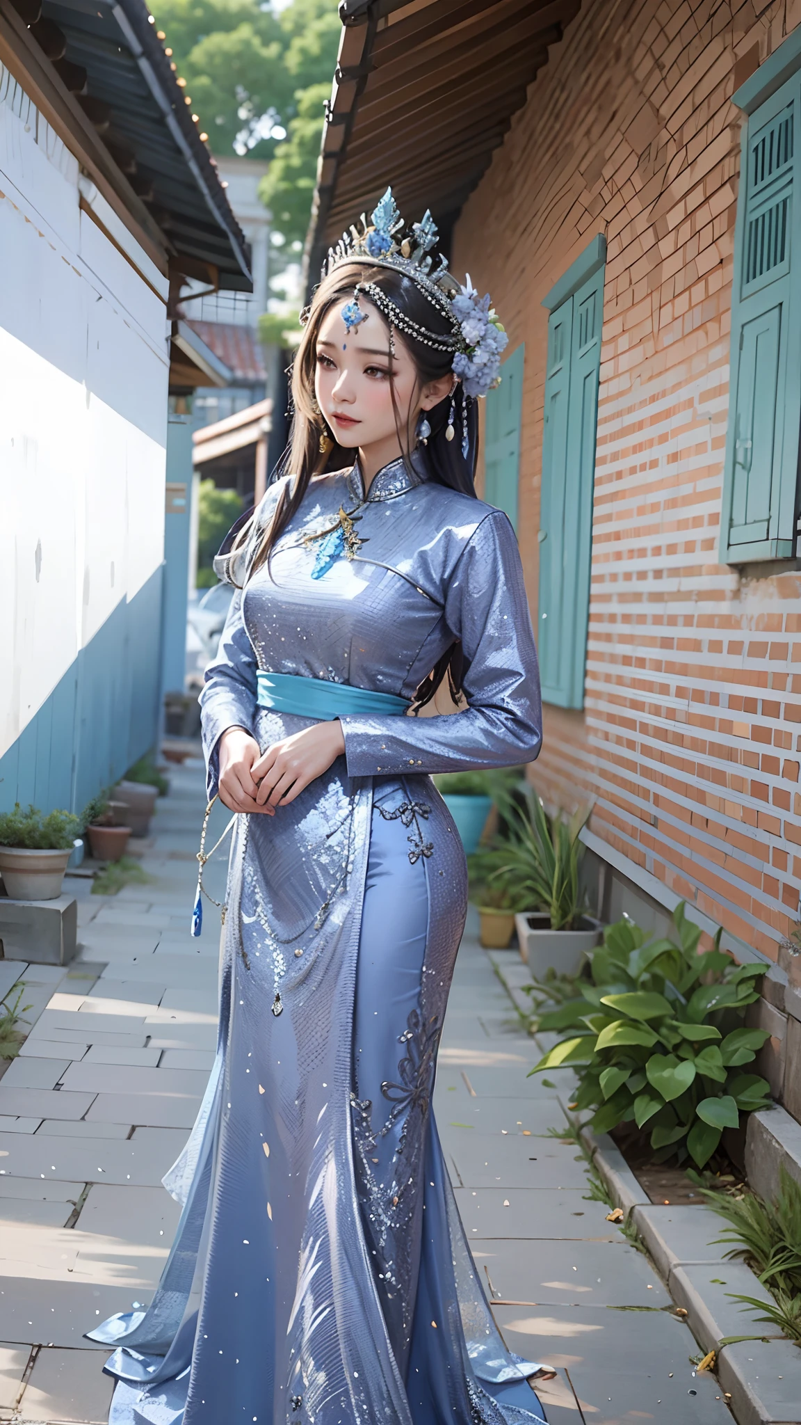 arafed woman in a blue dress and a crown standing in front of a brick building, traditional beauty, traditional dress, full dress, ao dai, mid shot portrait, idian dress, shot on nikon z9, traditional clothes, woman model, wearing traditional garb, beautiful woman, portrait shot, wearing authentic attire, traditional clothing, wonderful, evening time