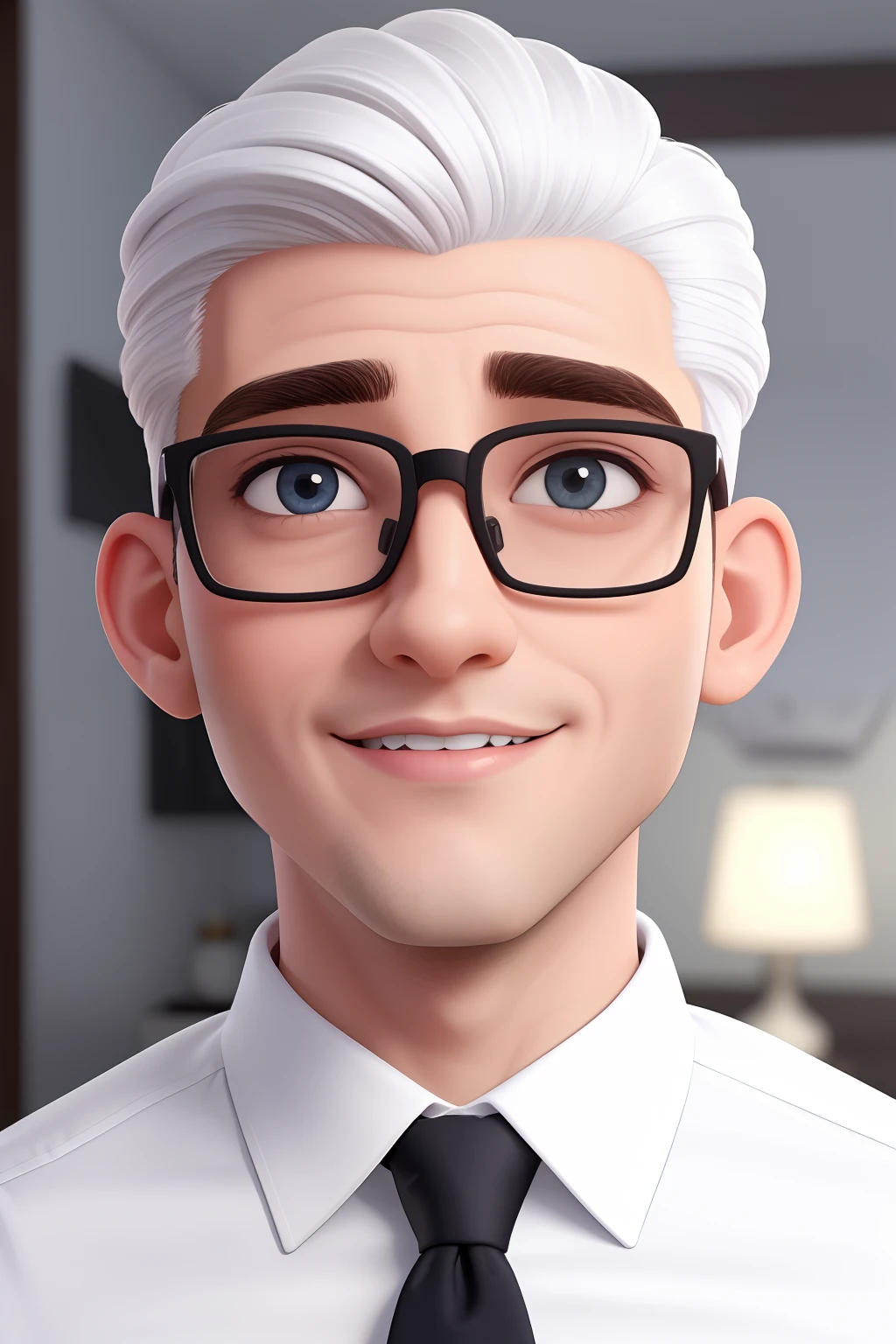 Um homem de 30 anos, com cabelos castanhos curtos,face de diamante, olhar rigoroso, e olhos castanhos, Wearing white white shirt with tie and glasses.