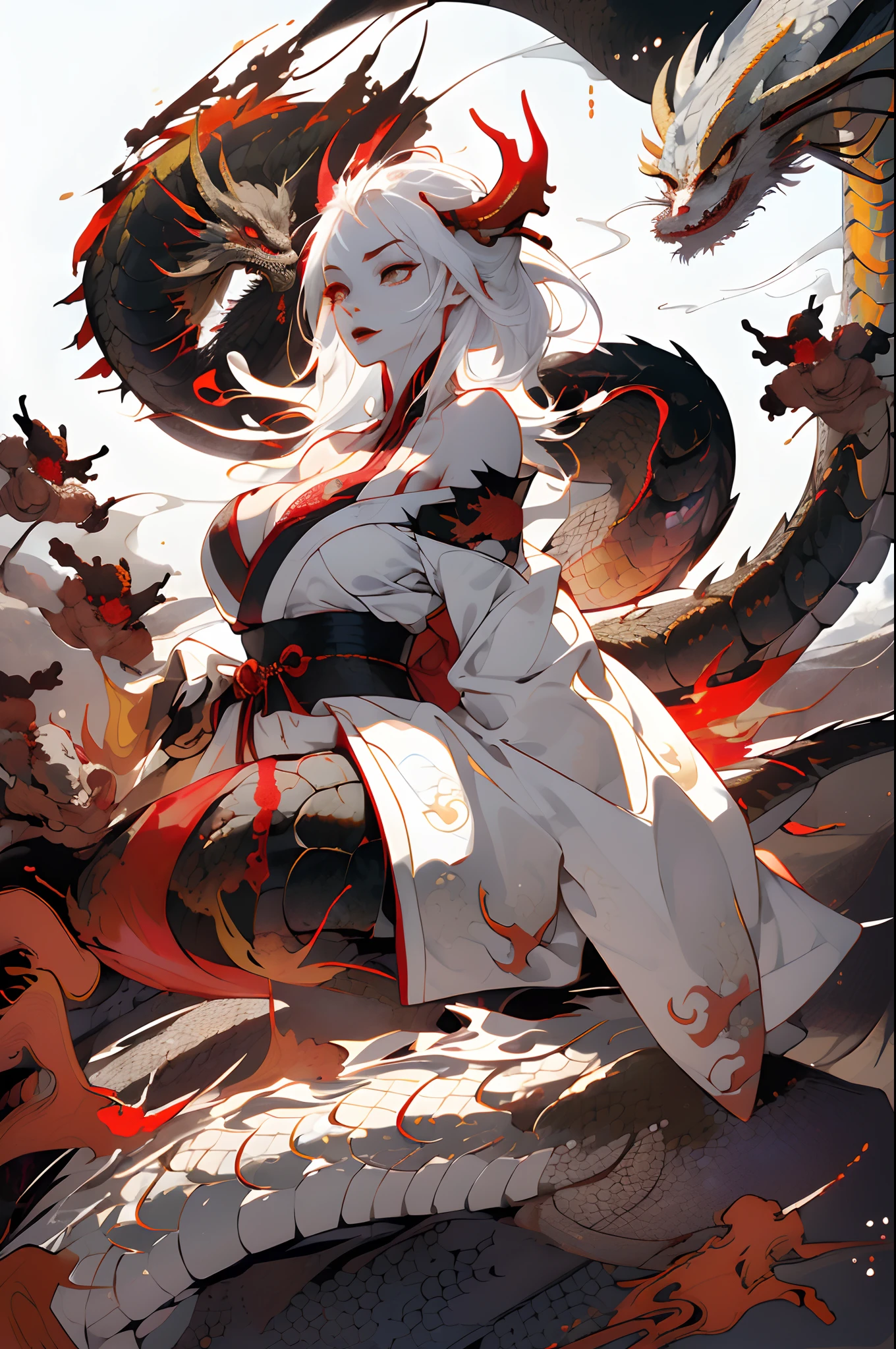 Barefoot woman(30 age old) , (White skin of the:1.7)、 (Long white hair)、(Black and gold kimono in samurai style:1.0)、(Big smoky dragon background:1.8)、(White smoke)、(Tattoos on the body)、(Two swords)、(Abnormally large breasts)、(Red smoke rises around the body:1.7)、Bare shoulders, Double eyelids, (Gray eyes)、parted lip,Solo,(cleavage)、Delicate and sexy(鎖骨:1.3), (Shiny skin:0.8),(masutepiece:1.4),(Best quality:1.4),glossy red lips, Perfect abs, Wet(full of sweat)、low angles, (from below angle), highdetailskin, skin pore,(Katsushika Hokusai style background)