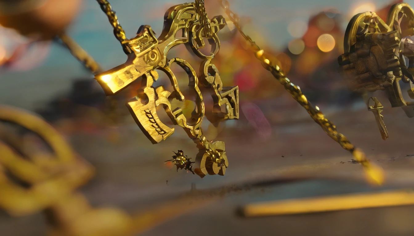 Create a surreal image of the golden key suspended in the air in 8K resolution, A bloody chainsaw,Slender, Elongated handle in the style of a horror game, Evokes feelings of fear and terror,best qualtiy,ultra - detailed,tmasterpiece,k hd, white backgrounid,a 3D render,Blender cycle, volumettic light, No Man,reification,fanciful