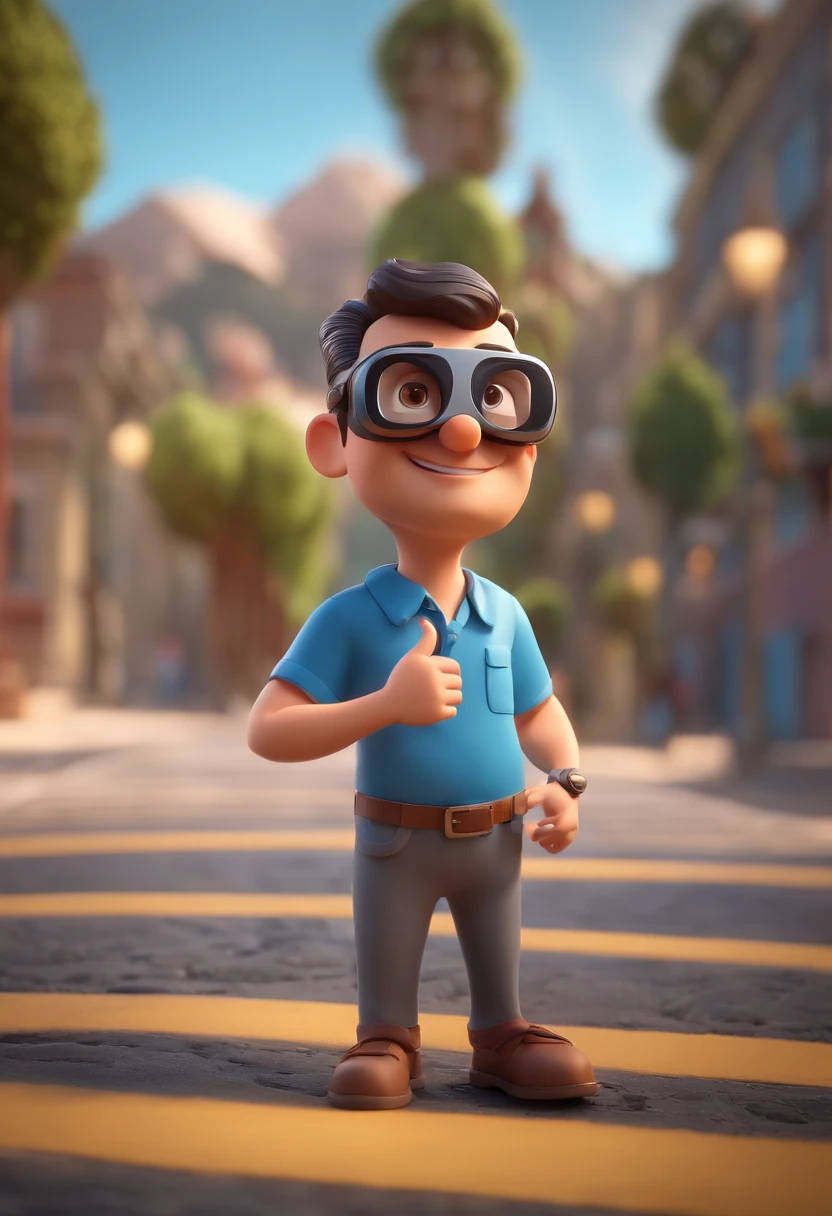 Cartoon character of a man with VR headset and a blue shirt, animation character, Caractere estilizado, animation style rendering, 3D estilizado, Arnold Maya render, 3 d render stylized, toon render keyshot, Personagem 3D, background a main road
and modern builds around, Personagem 3D, 3d rendering stylized, 3 d character render, personagem de desenho animado, Personagem de close up, Pose de personagem, (Estilo Pixar) (master part:1.2) (Bokeh) (best quality) (pele detalhada) (textura detalhada) (8k) (argila) (Cinematic lighting) (foco nítido