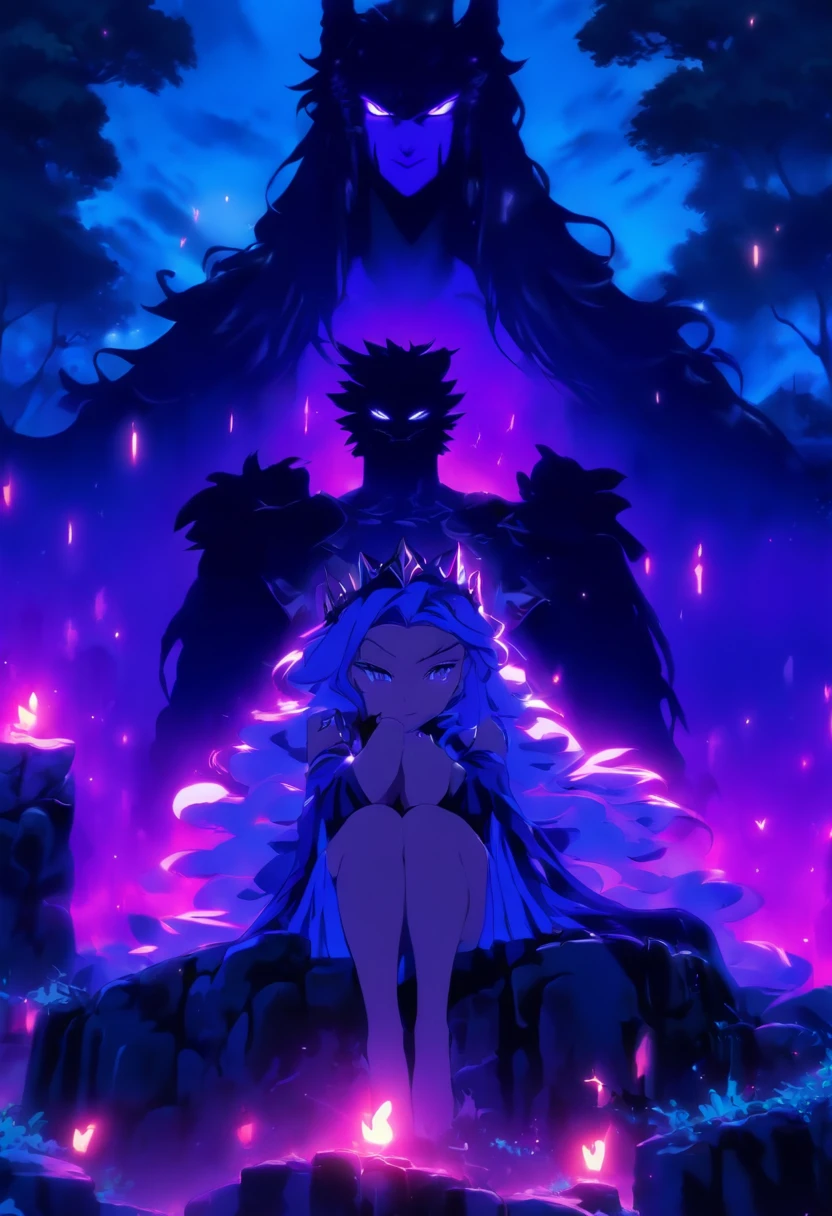 mulher madura, 30 s, cor da pele azul, pele azul, olhos cor-de-rosa, cabelo roxo escuro, Sitting on the stone ruins of an ancient castle, vestido com roupas de couro preto apertadas com uma capa, Wearing a black crown with purple jewelry, Mamalhuda, ela tem tetas grandes, ((((seigantescos)))), coxas grossas e uma bunda en bunda inchadaande. Literalmente. {purple lighting} 100 purple saturation}