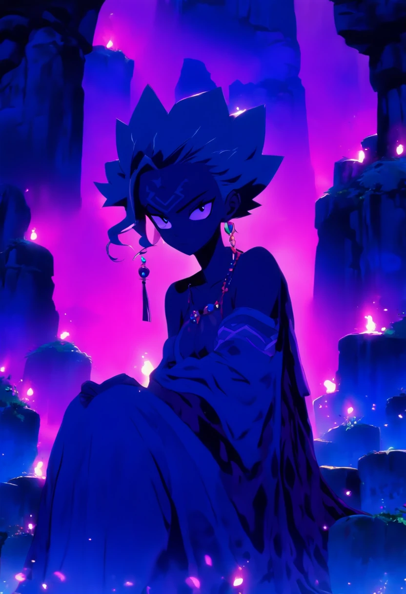 mulher madura, 30 anos, cor da pele azul, pele azul, olhos cor-de-rosa, cabelo roxo escuro, Sitting on the stone ruins of an ancient castle, vestido com roupas de couro preto apertadas com uma capa, Wearing a black crown with purple jewelry, Mamalhuda, ela tem tetas grandes,  ((((seios gigantescos)))), coxas grossas e uma bunda enorme, bunda inchada e grande. Literalmente. {purple lighting} 100 purple saturation}