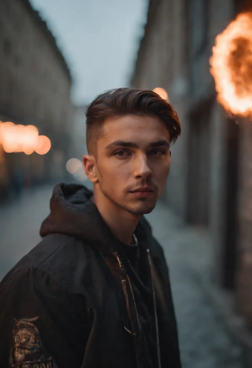 Hiperrealista, HD 4k, Rapper en la calle, Graffiti en la pared, humo, Maleza y fuego, neon