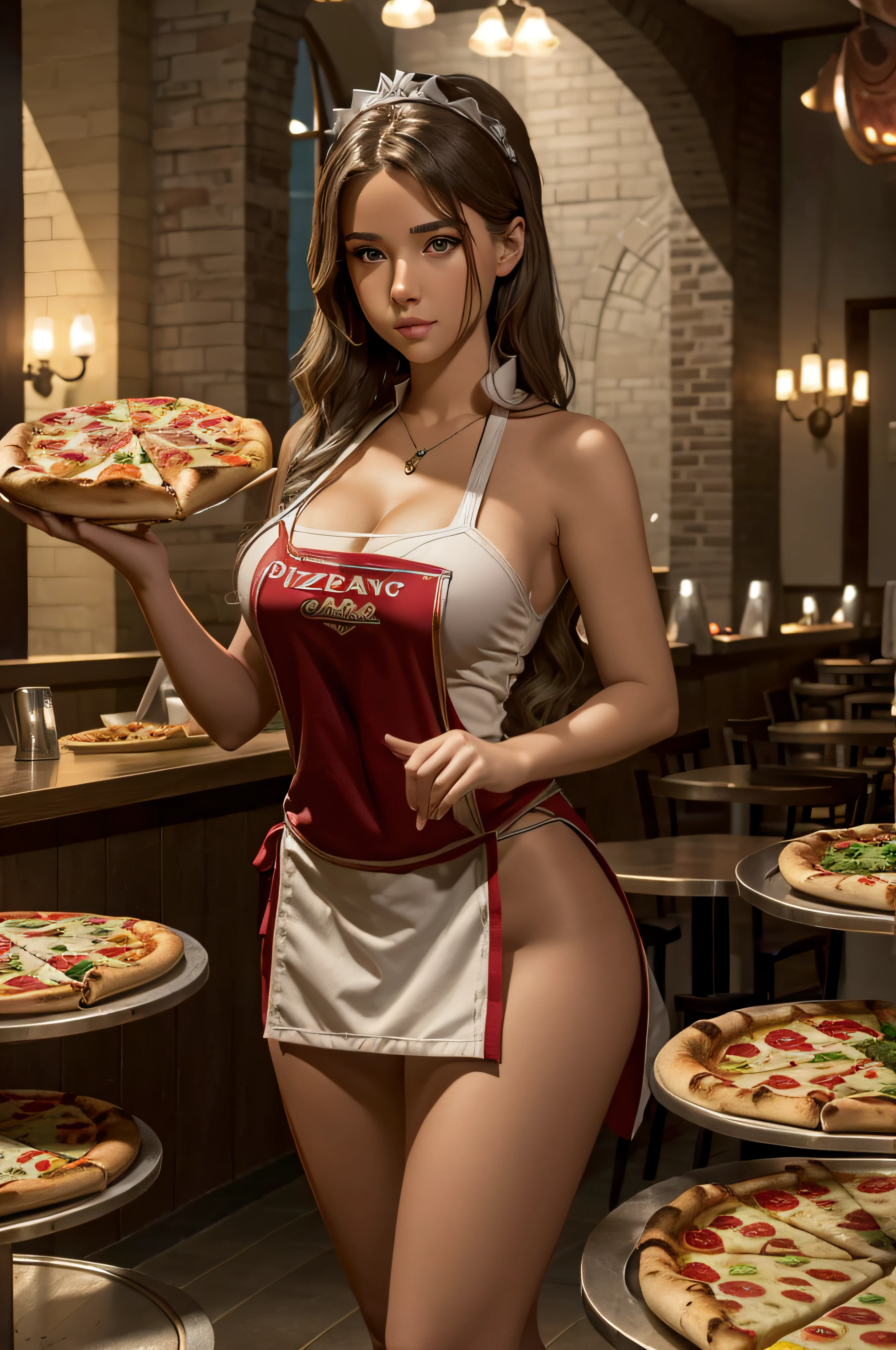 high quality, highly detailed, fantasy, At the forefront of this enchanting scene stands a beautiful girl working at a pizza restaurant 8K