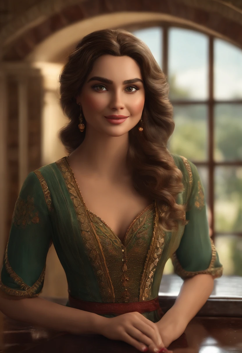 "(best quality,ultra-detalhado,Realistic:1.37),3D rendering,illustration,design de personagens,cabelos compridos e cacheados escuros,belos olhos detalhados, Estilo Pixar,morena mulher corpuda, In evangelical dress, atmosfera animada,vivid colors,luzes de palco,expression joyful"