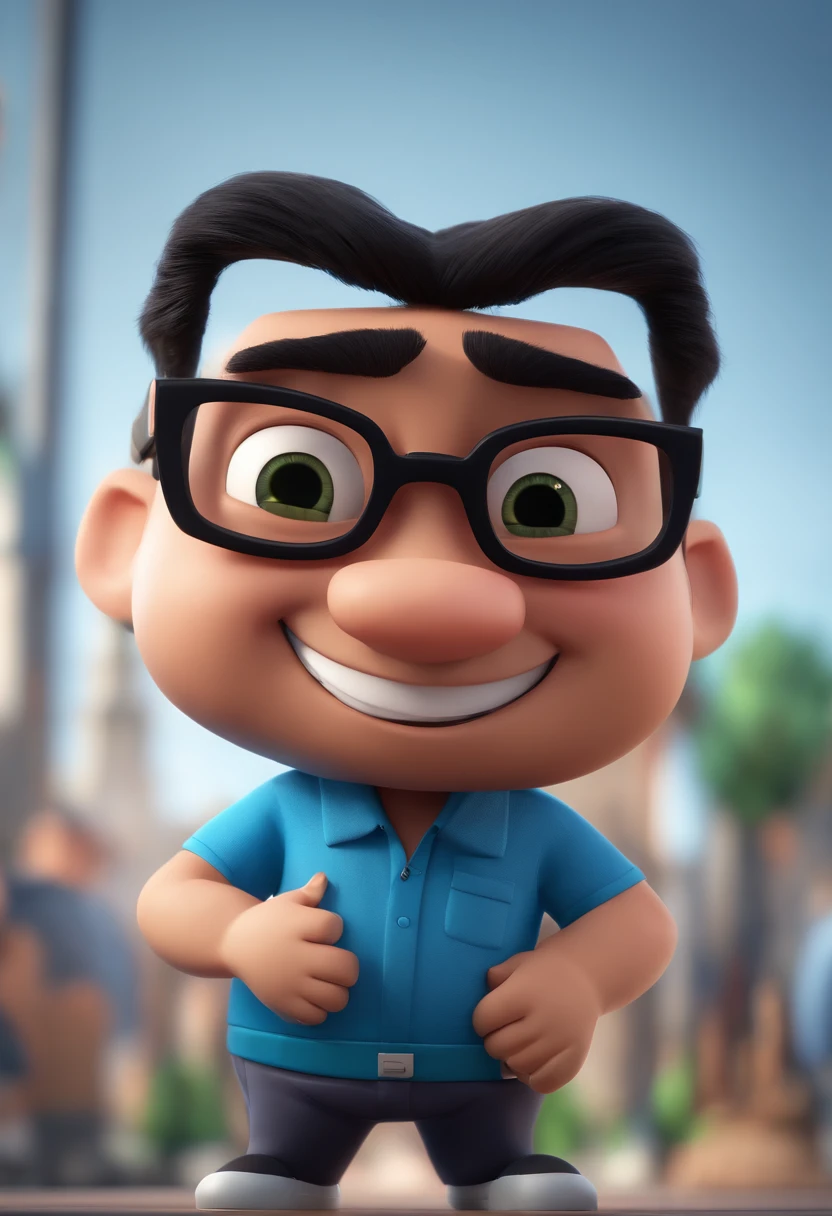 Cartoon character of a man with black glasses and a blue shirt, animation character, Caractere estilizado, animation style rendering, 3D estilizado, Arnold Maya render, 3 d render stylized, toon render keyshot, Personagem 3D, Personagem 3D, 3d rendering stylized, 3 d character render, personagem de desenho animado, Personagem de close up, Pose de personagem,  (Estilo Pixar) (master part:1.2) (Bokeh) (best quality) (pele detalhada) (textura detalhada) (8k) (argila) (Cinematic lighting) (foco nítido