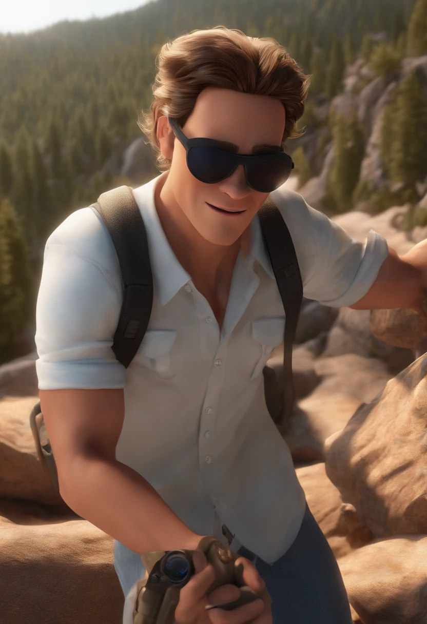 "(best quality,ultra-detalhado,Realistic:1.37),3D rendering,design de personagens,cabelos curtos e liso escuros,belos olhos detalhados,wearing goggles ,Estilo Pixar, homem branco, Serious in the Disney Mountains,atmosfera animada,vivid colors,luzes do por do sol,expression happy"