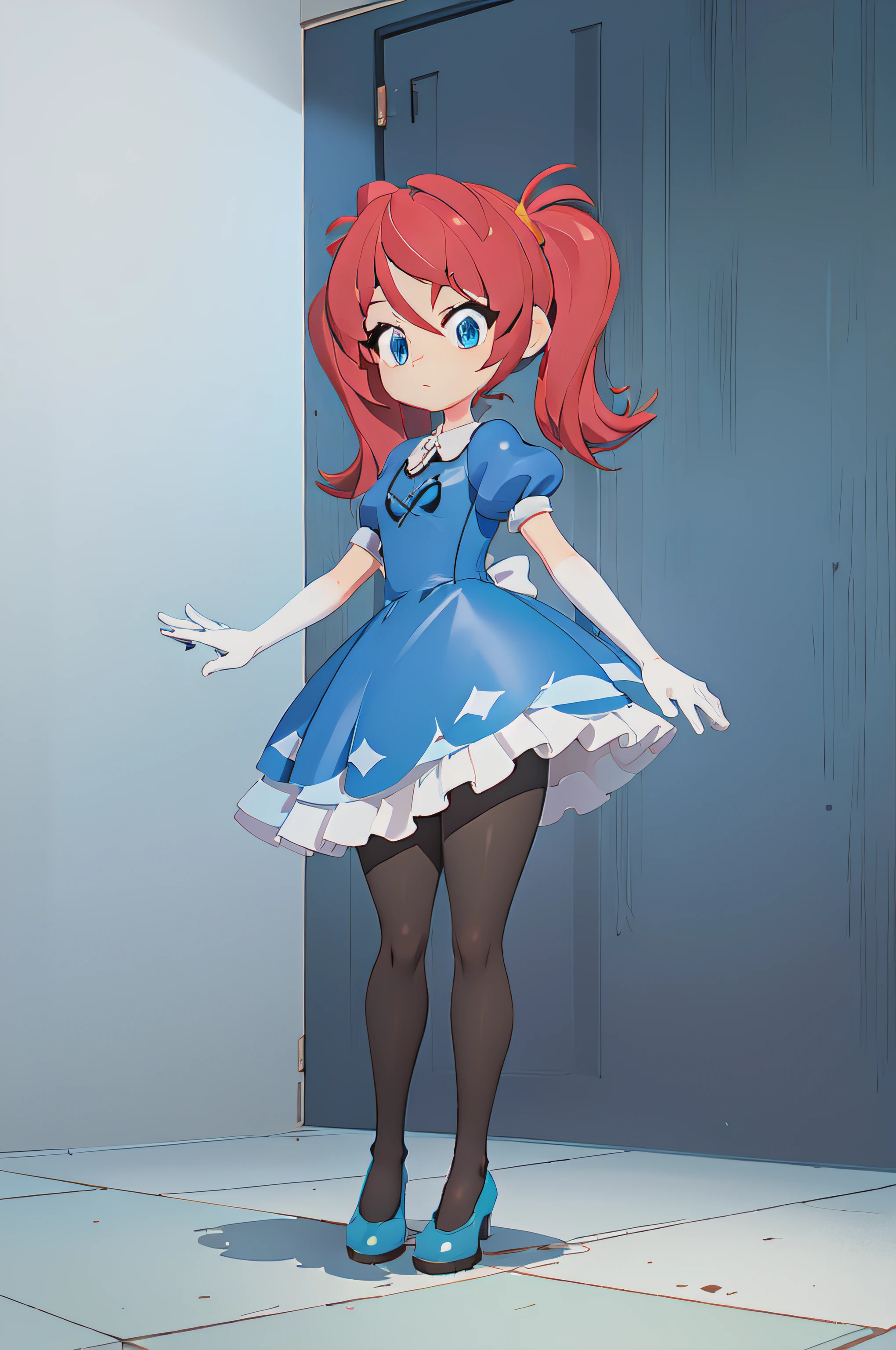 SofiaLeaf, 1girl, solo, long hair, looking at viewer, blue eyes, gloves, dress, twintails, closed mouth, standing, full body, short sleeves, pantyhose, red hair, shoes, elbow gloves, puffy sleeves, white gloves, high heels, puffy short sleeves, black pantyhose, blue dress