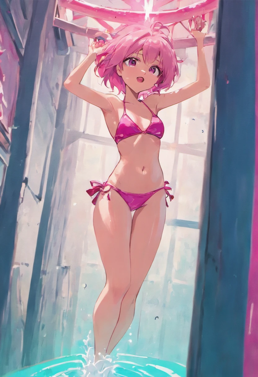 Amy rose in a pink bikini falling into a dunk tank