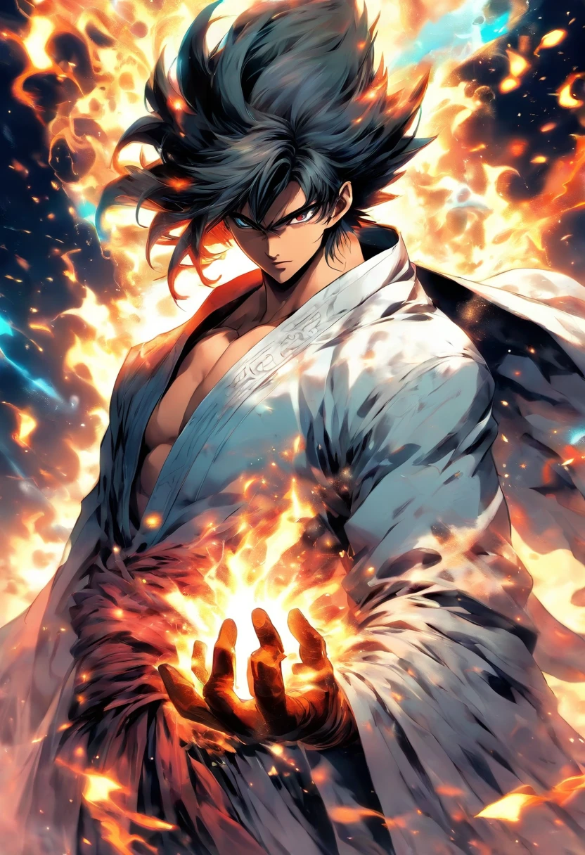 solo male, white robes, grey eyes, black pants, black gloves, standing, Fantasy