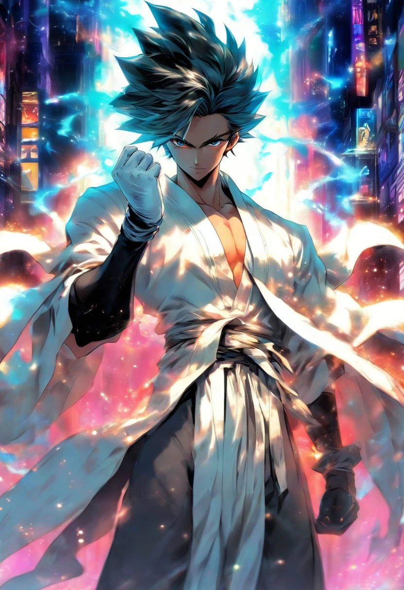 solo male, white robes, grey eyes, black pants, black gloves, standing, Fantasy