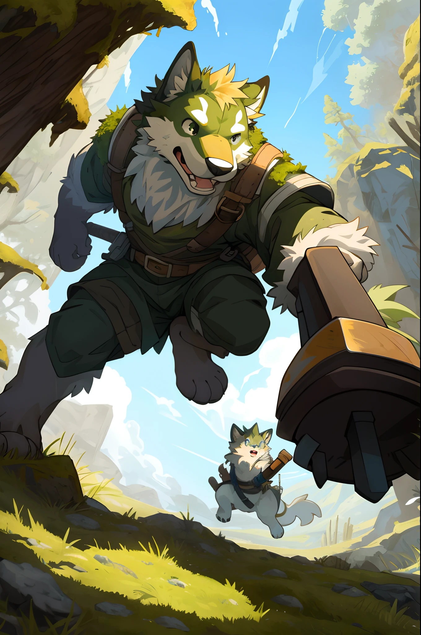 cover_page, highres, absurdres(masterpiece, top quality, best quality)Illustration of an adorable 4-foot-tall character, bearing animal features, detailed fur covering its entire body, with animal paws, ears, tail, and snout, jumping high in the air, viewed from a low angle, wielding a hammer much larger than its own height. The character is in full color, set against a backdrop of a grassland with moss-covered rocks. The character’s facial expression is fierce, depicting the intensity of a battle,